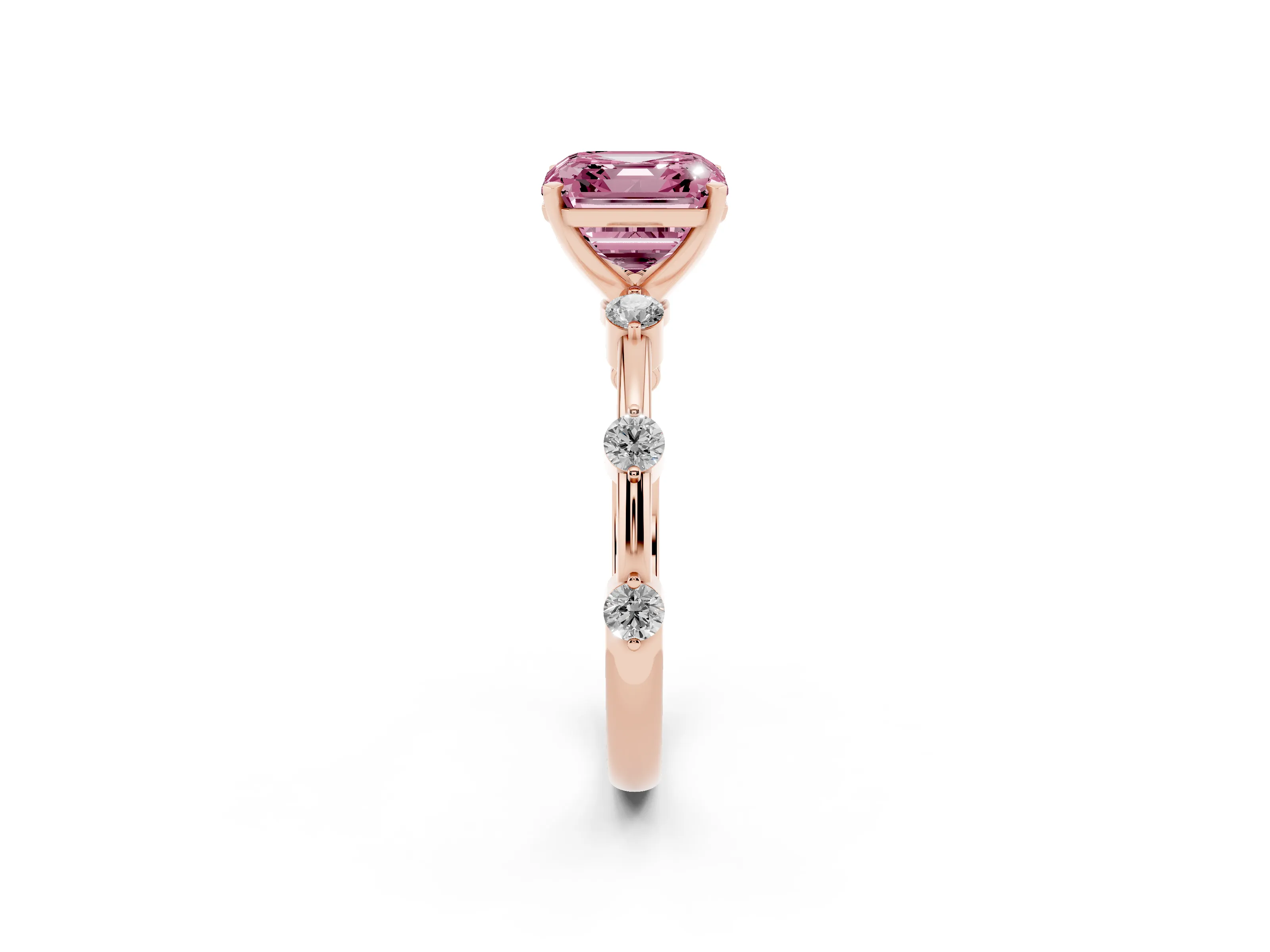 Fancy Pink Asscher Cut Diamond Solitaire Ring Set in Rose gold with Bezel Set Side Stones and Prong Setting