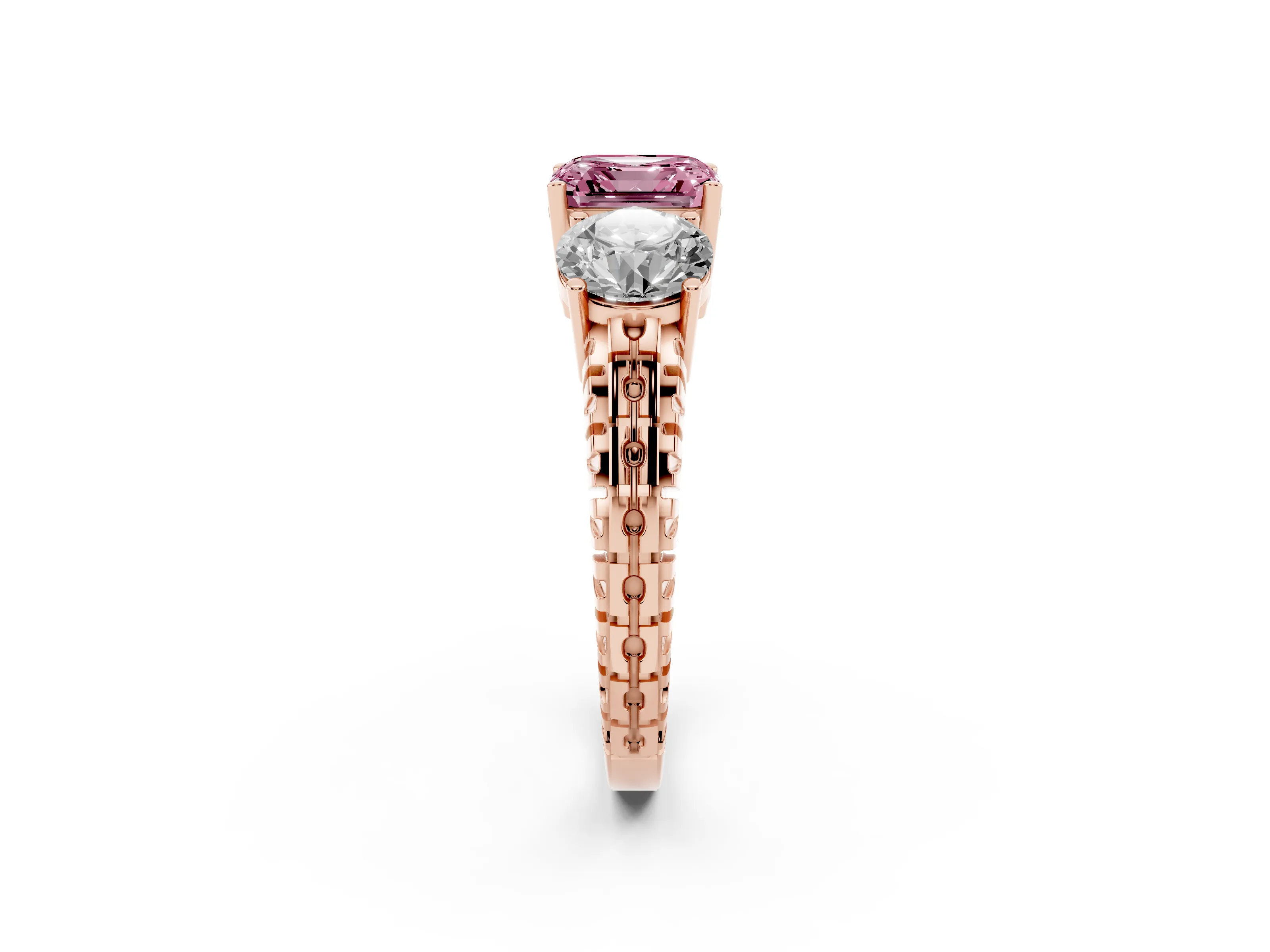 Fancy Pink Asscher Cut Diamond Three-Stone Ring Set in Rose gold with Channel-Set Accent Band