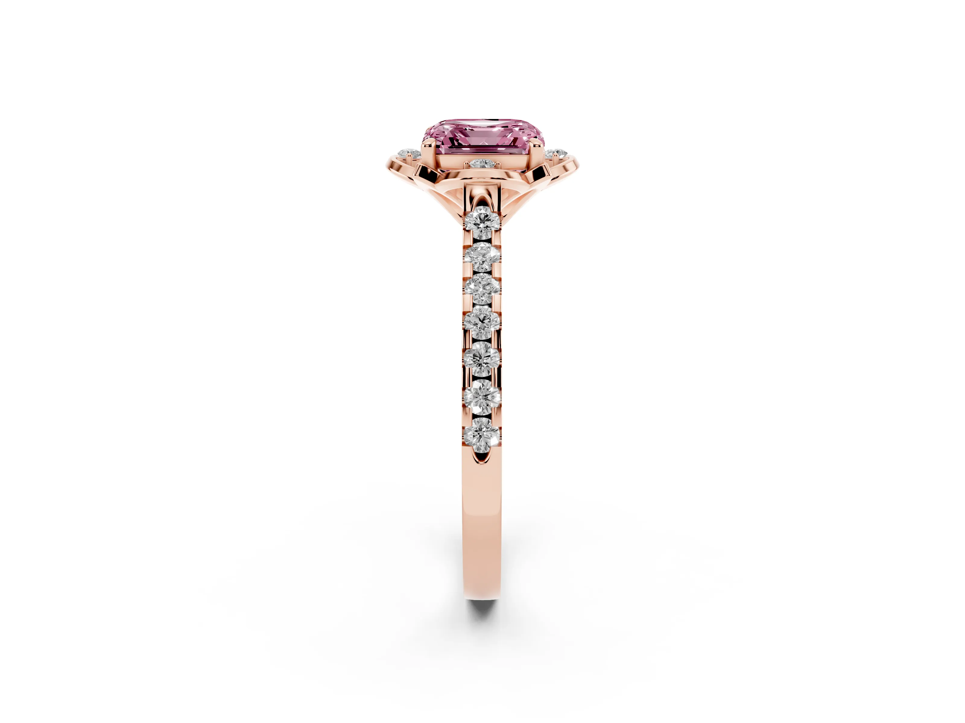 Fancy Pink Asscher Cut Diamond Solitaire Ring Set in Rose gold with Pavé Band and Floral Prong Setting