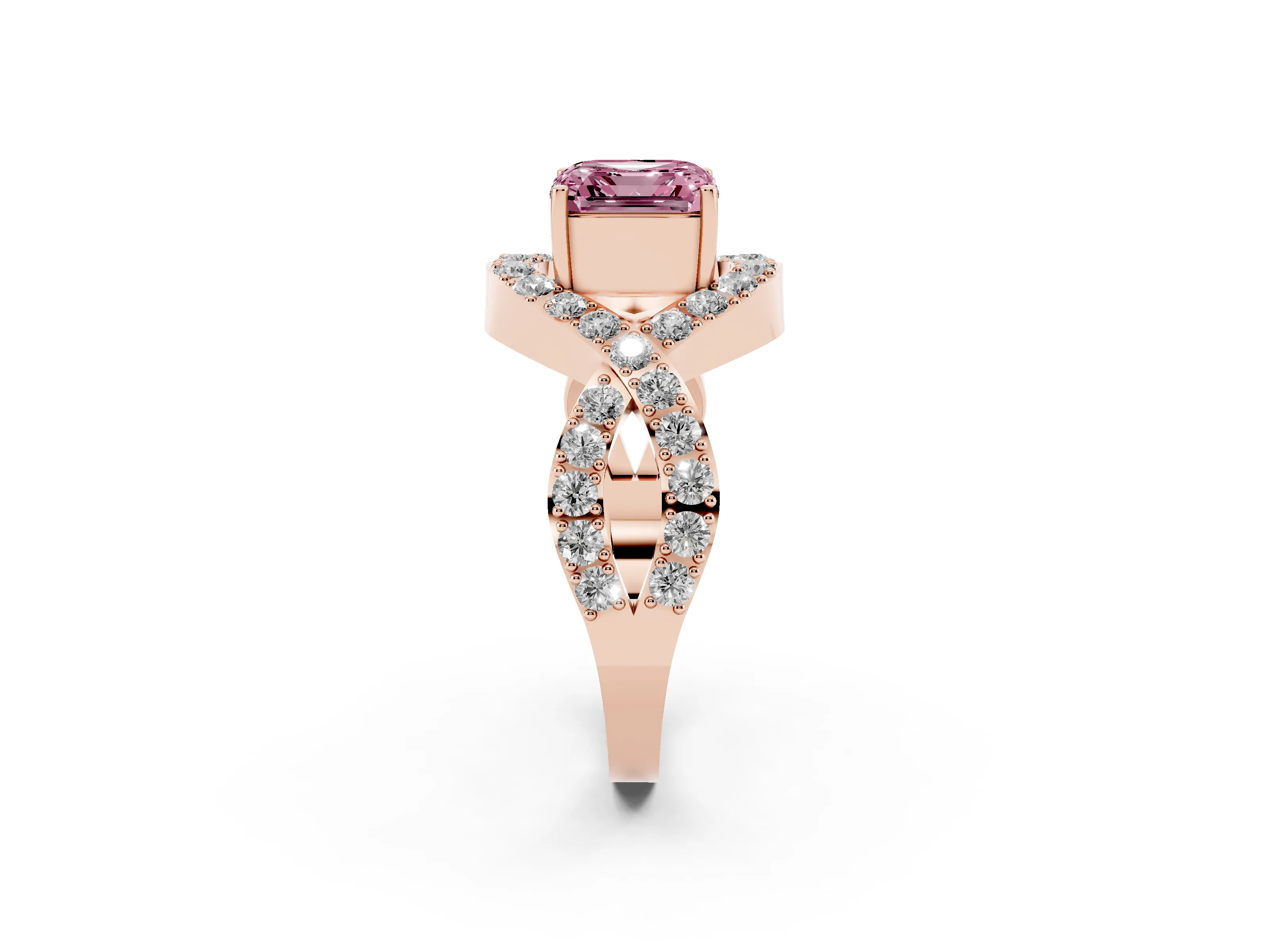 Fancy Pink Asscher Cut Diamond Solitaire Twist Band Pavé Engagement Ring Set in Rose gold