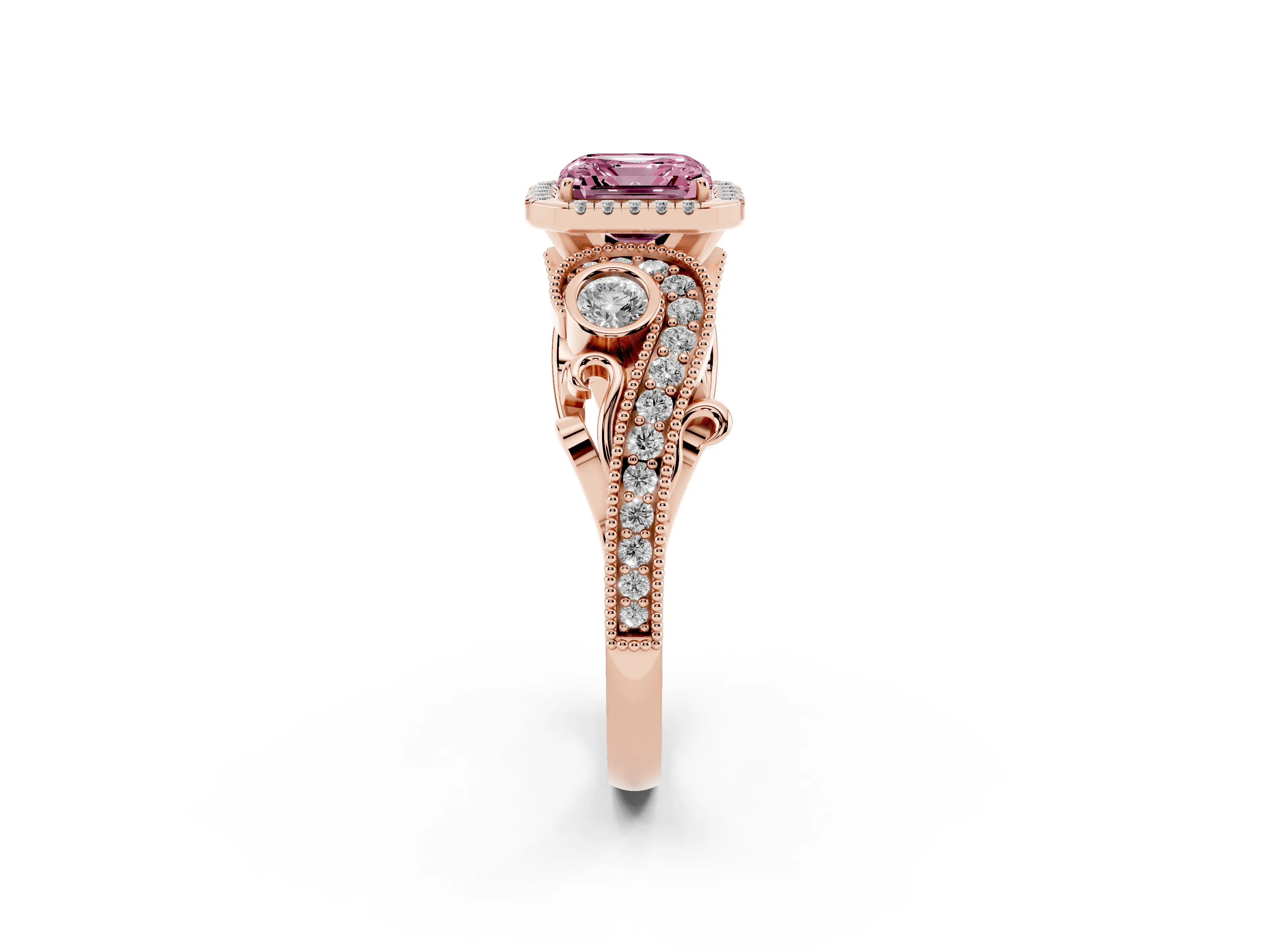 Fancy Pink Asscher Cut Diamond Halo Ring Set in Rose gold with Milgrain Pavé Band and Prong Setting