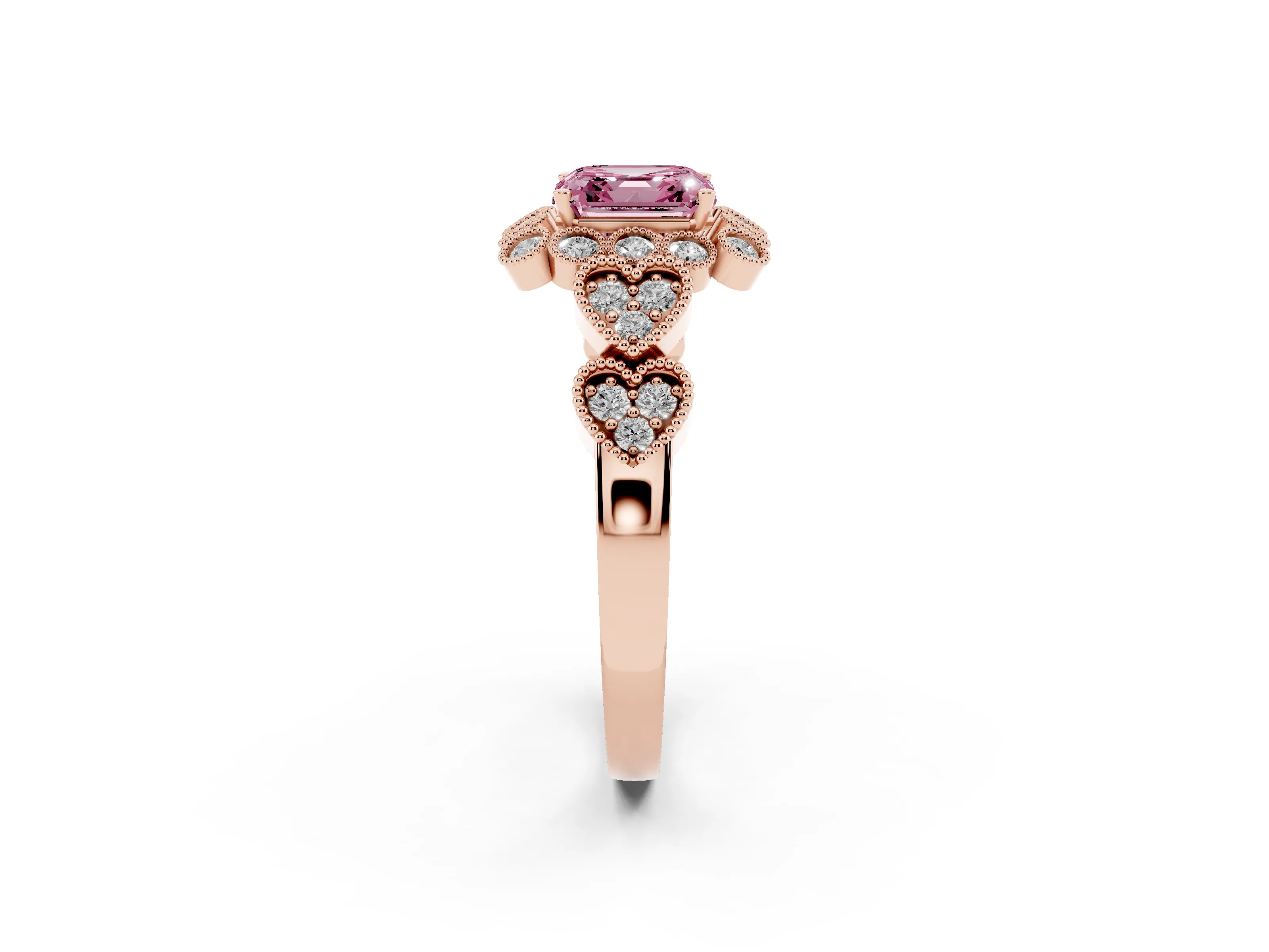 Fancy Pink Asscher Cut Diamond Solitaire Ring Set in Rose gold with Milgrain Pavé Heart Band