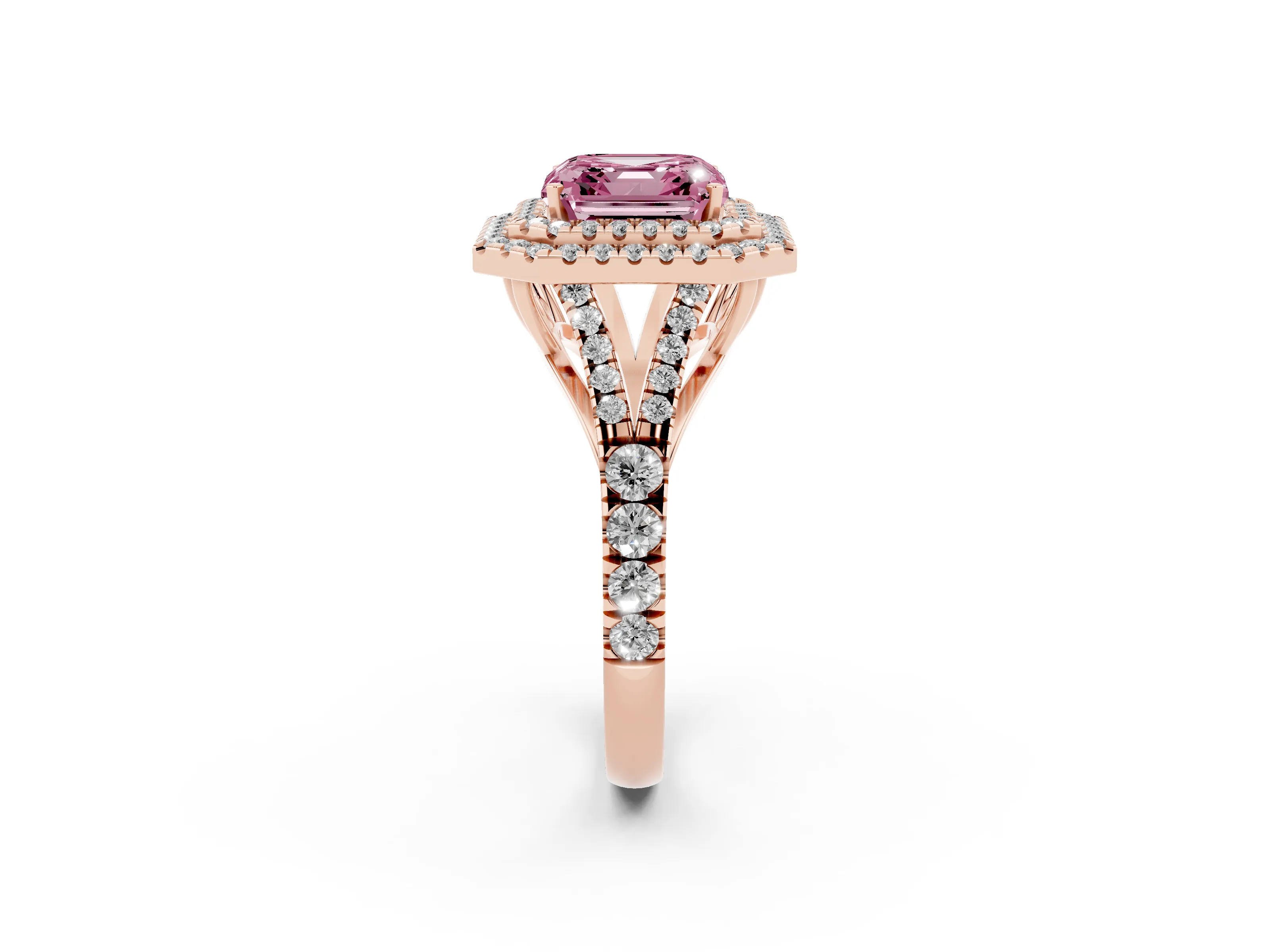 Fancy Pink Asscher Cut Diamond Pavé Split Shank Double Halo Engagement Ring Set in Rose gold