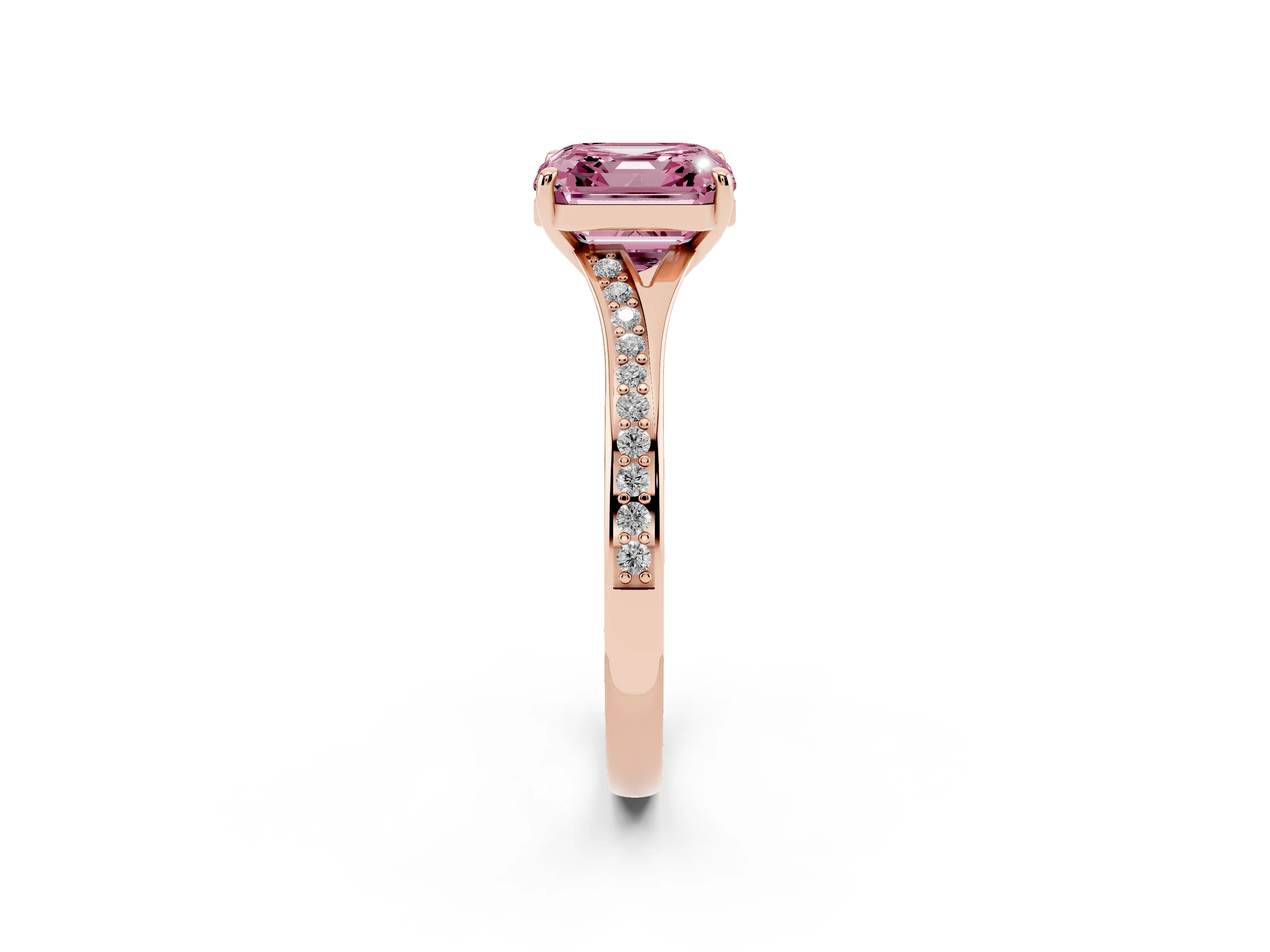 Fancy Pink Asscher Cut Diamond Solitaire Ring Set in Rose gold with Pavé Accent Band and Classic Prong Setting