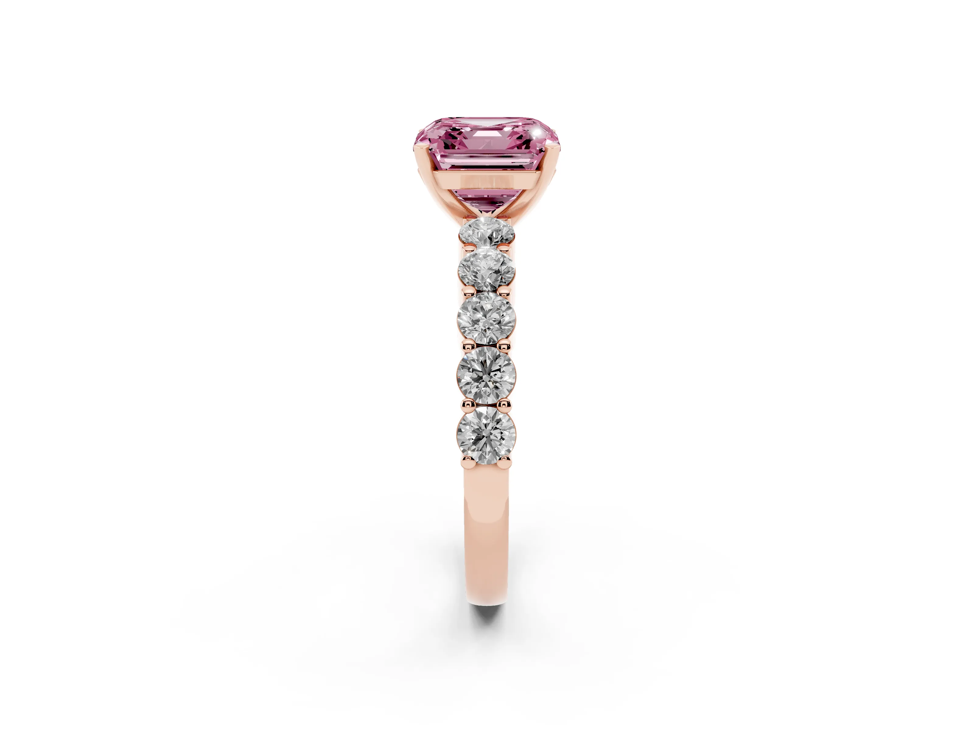 Fancy Pink Asscher Cut Diamond Solitaire Ring Set in Rose gold with Shared Prong Round Side Stones