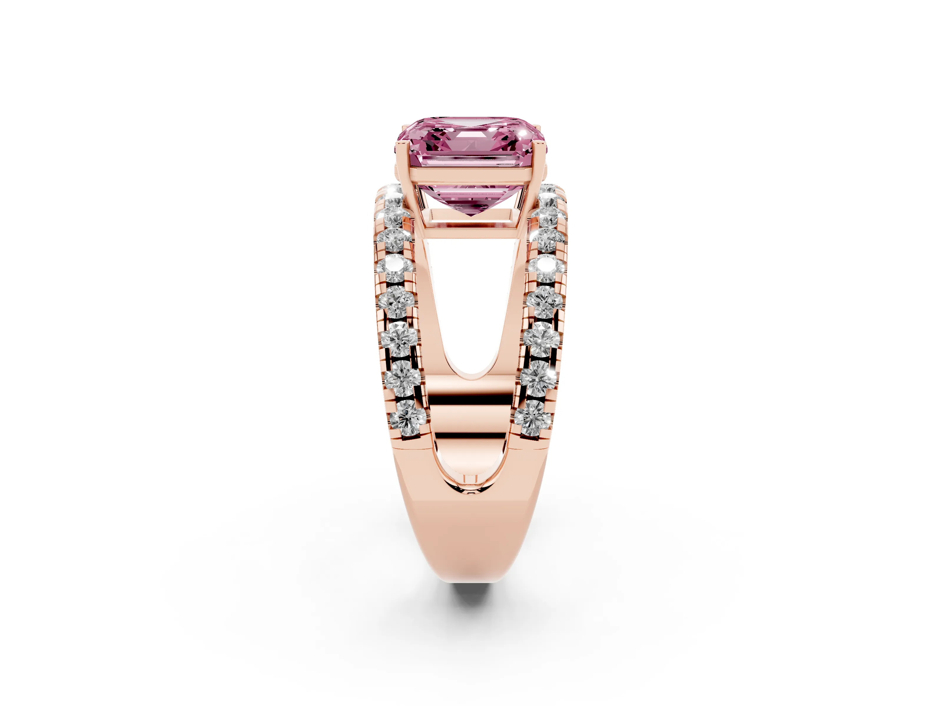 Fancy Pink Asscher Cut Diamond Split Shank Pavé Solitaire Ring Set in Rose gold with Open Shank Design