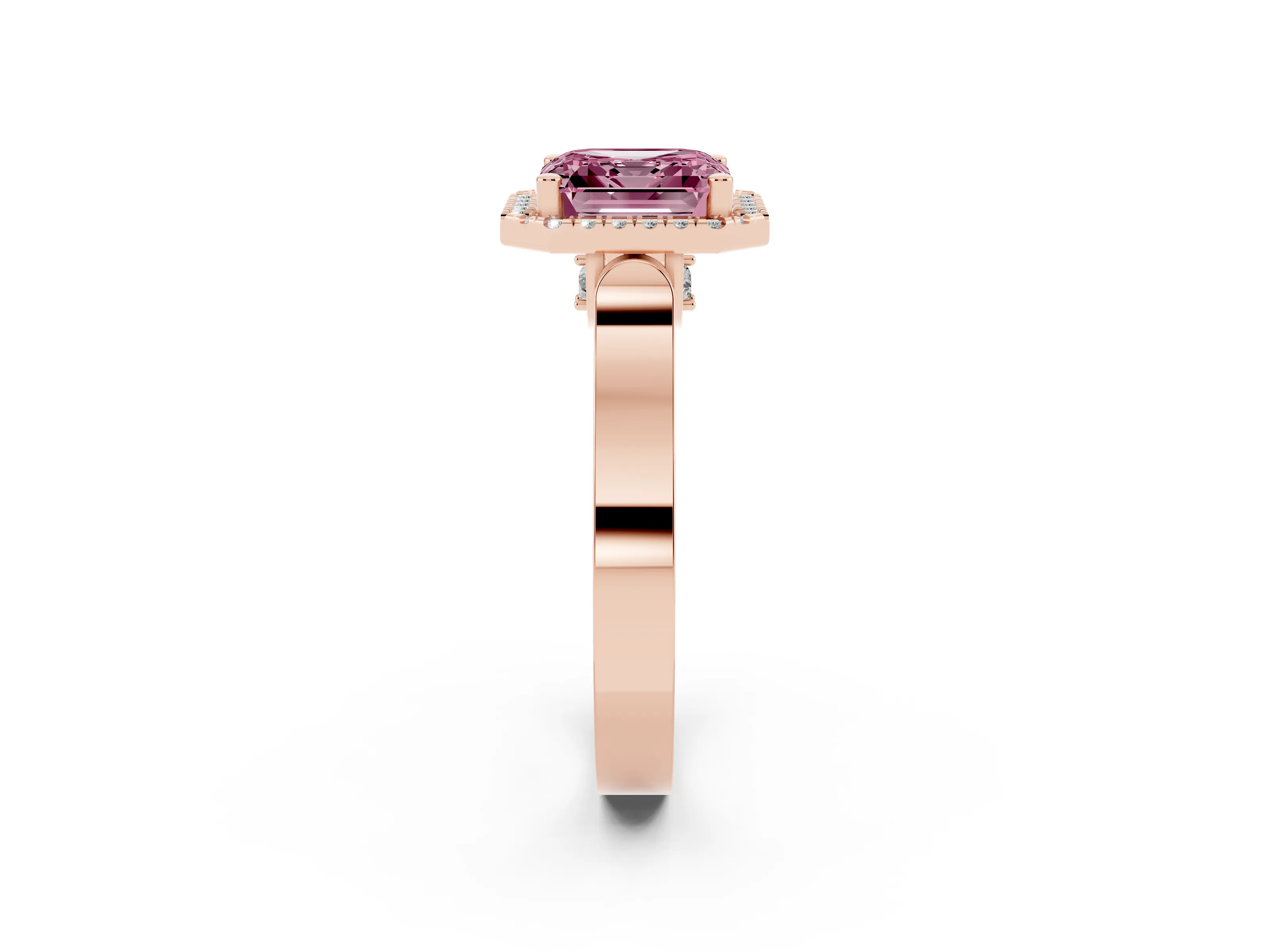 Fancy Pink Asscher Cut Diamond Halo Ring Set in Rose gold with Pavé-Lined Split Shank Band