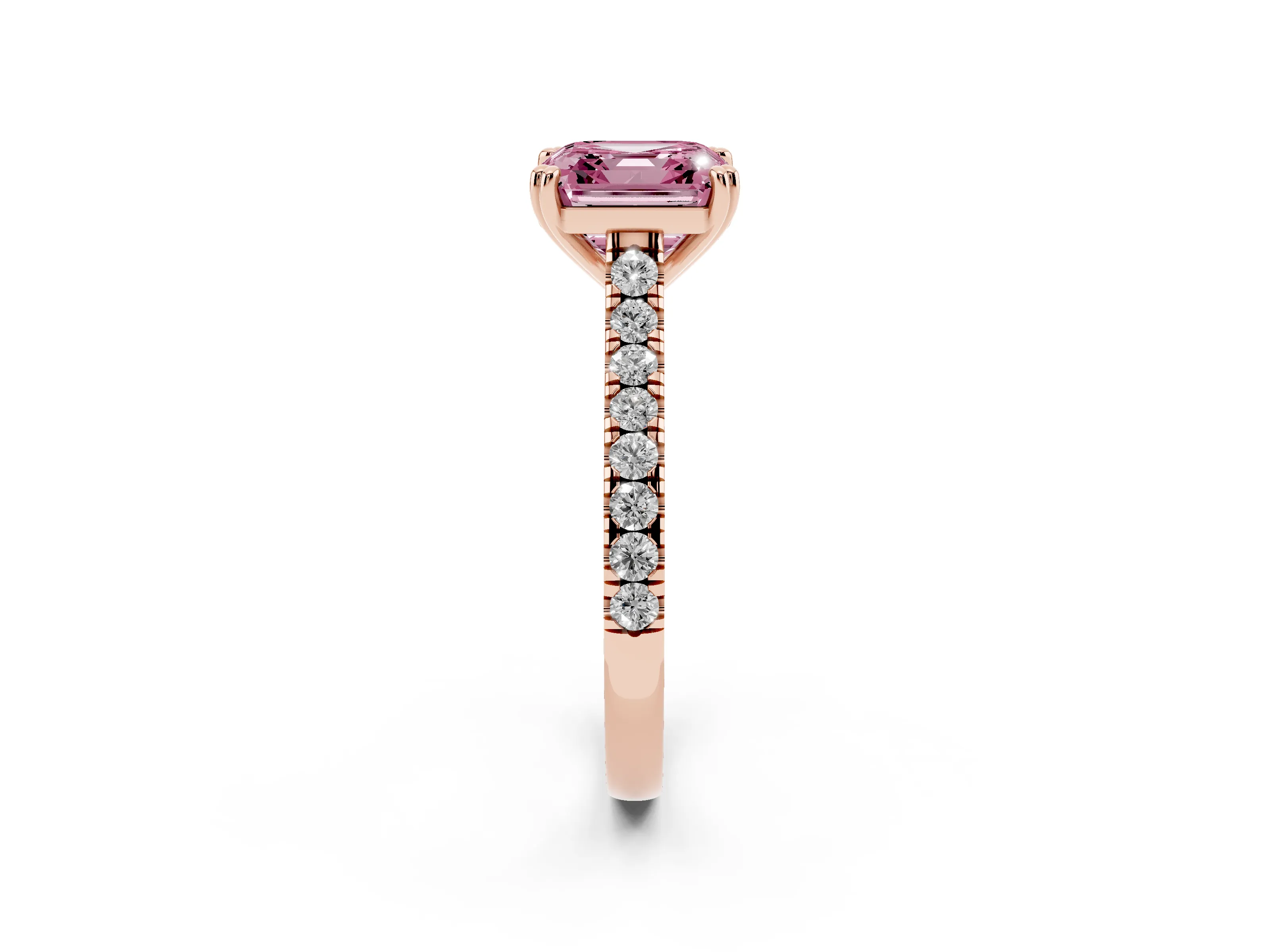 Fancy Pink Asscher Cut Diamond Solitaire Engagement Ring Set in Rose gold with Pavé Accents and Prong Setting
