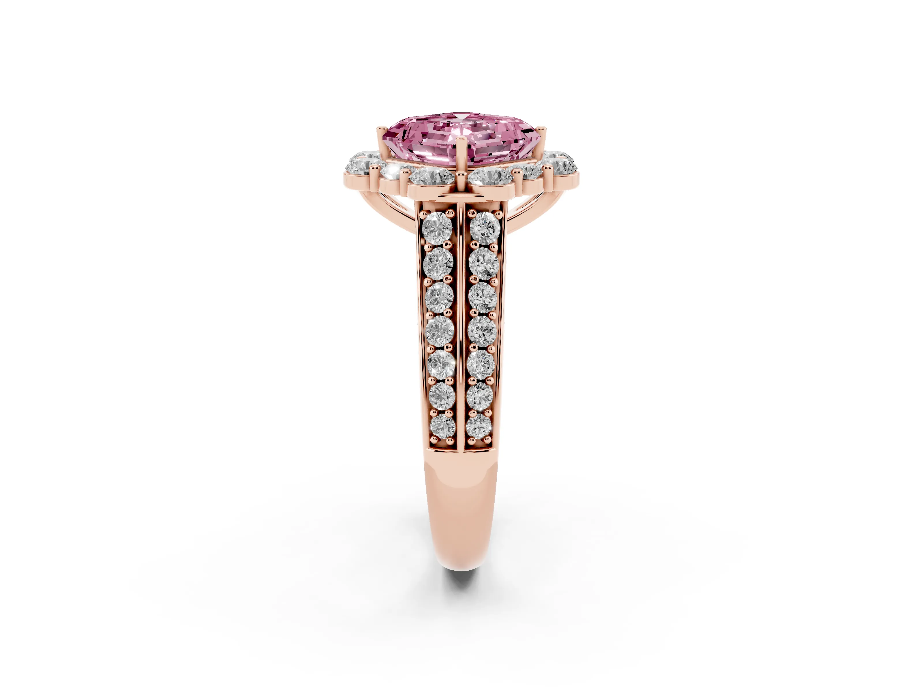 Fancy Pink Asscher Cut Diamond Halo Engagement Ring Set in Rose gold with Split Shank and Prong Setting
