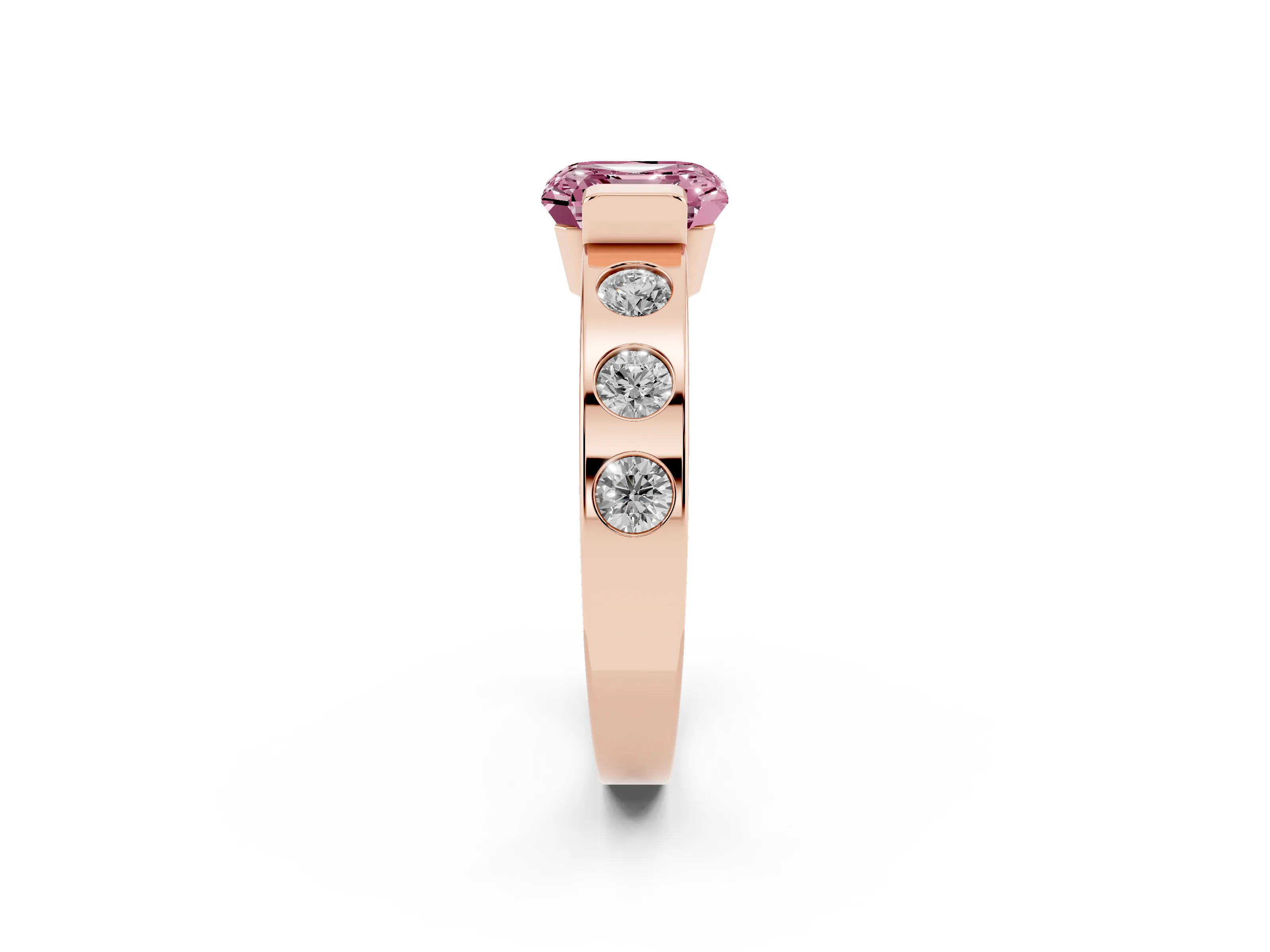 Fancy Pink Asscher Cut Diamond Channel-Set Band Ring Set in Rose gold with Bezel Prong Setting