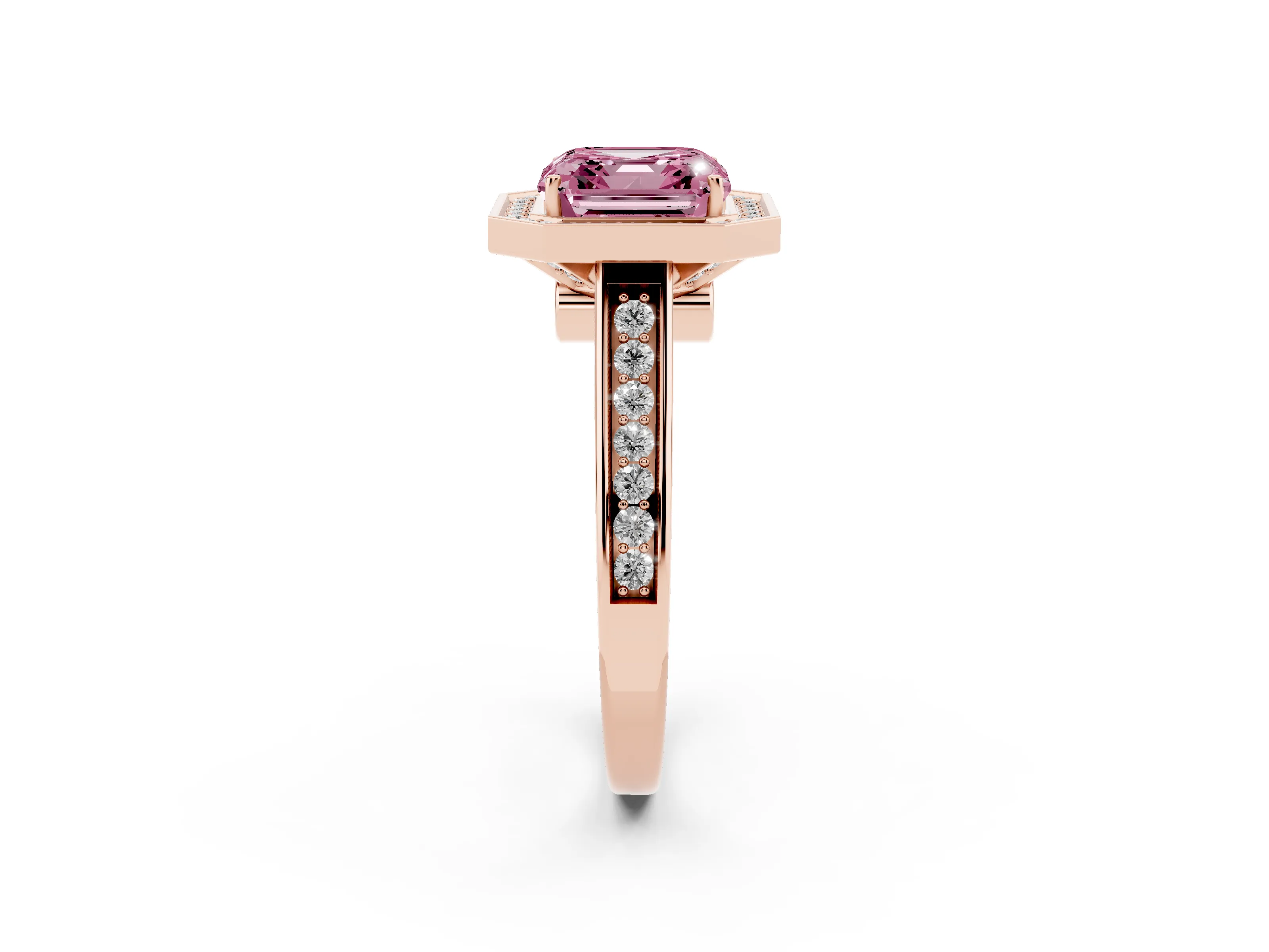Fancy Pink Asscher Cut Diamond Halo Solitaire Ring Set in Rose gold with Pavé Band and Bezel Setting