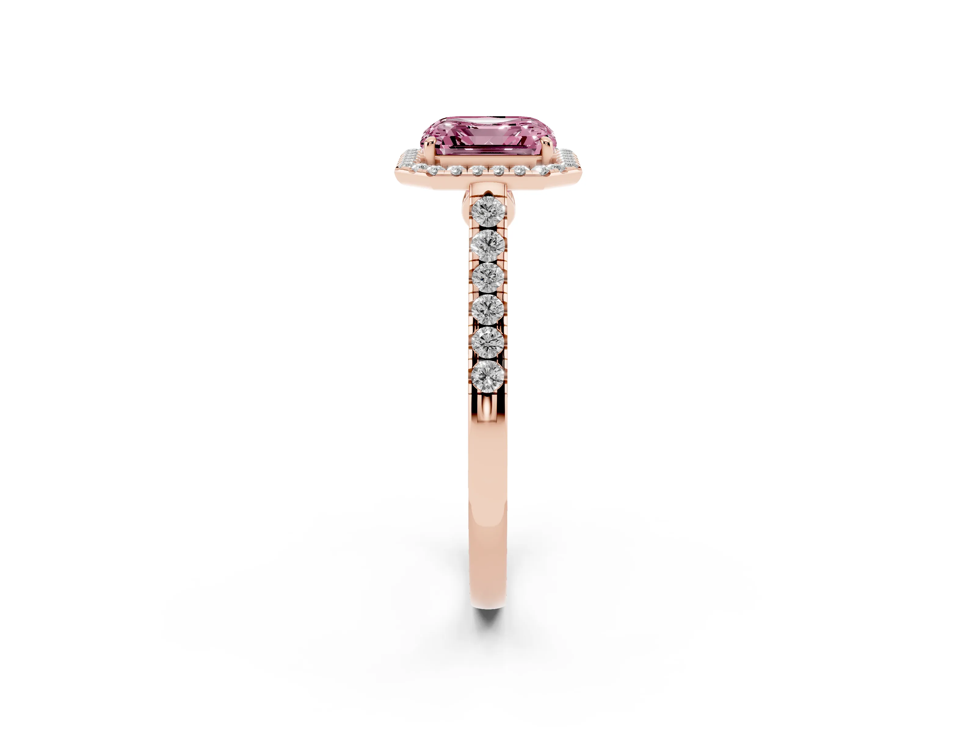 Fancy Pink Asscher Cut Diamond Halo Pavé Engagement Ring Set in Rose gold with Prong Setting