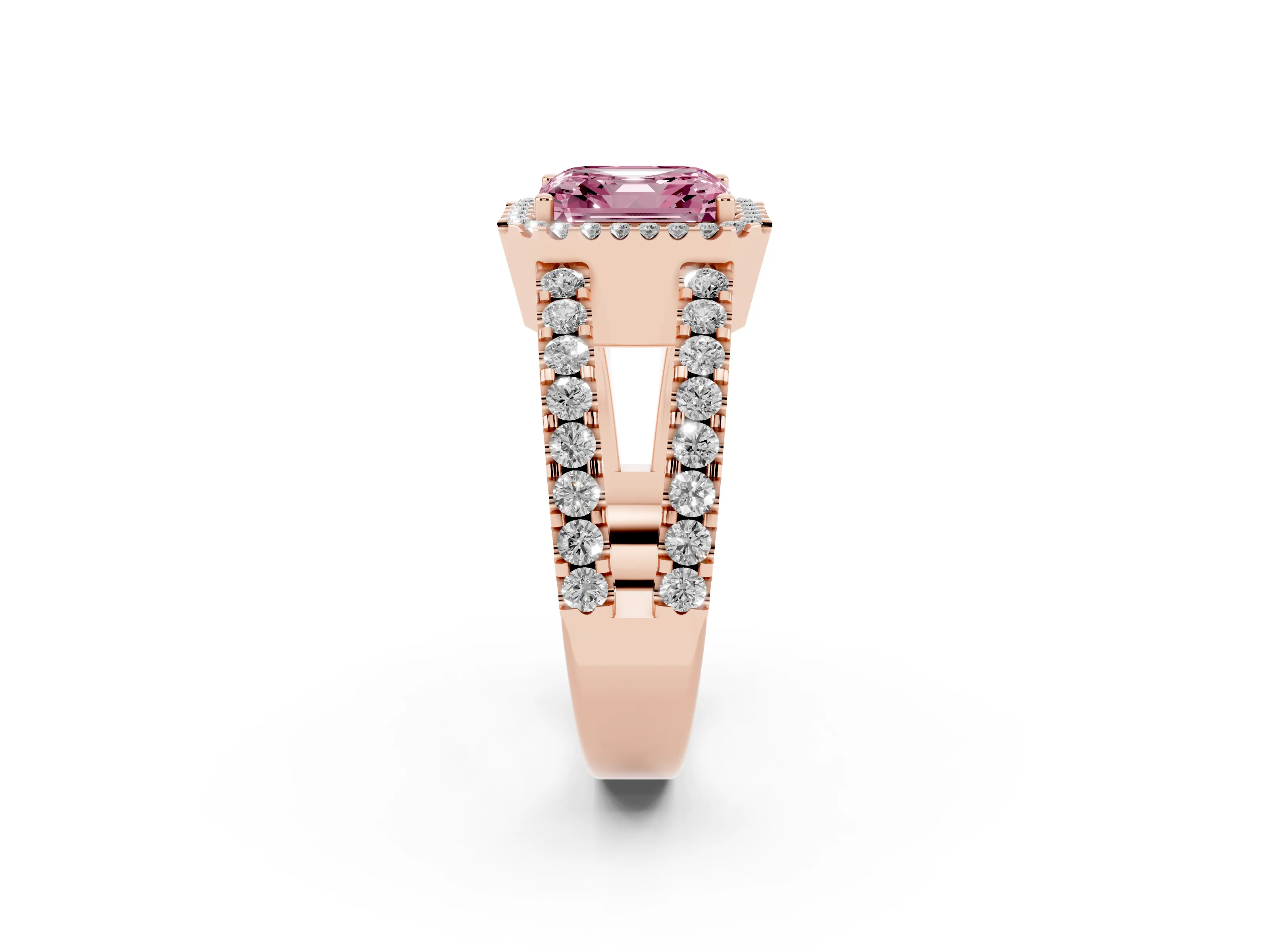 Fancy Pink Asscher Cut Diamond Halo Ring Set in Rose gold with Pavé Split Shank and Prong Setting