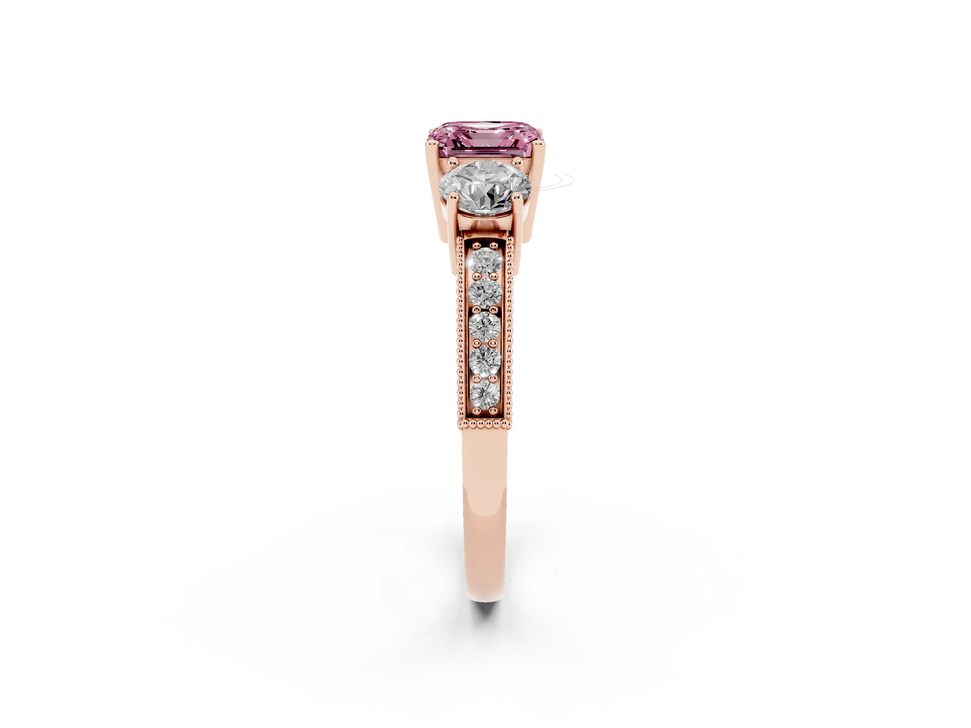 Fancy Pink Asscher Cut Diamond Three-Stone Ring Set in Rose gold with Round Side Stones and Pavé Band