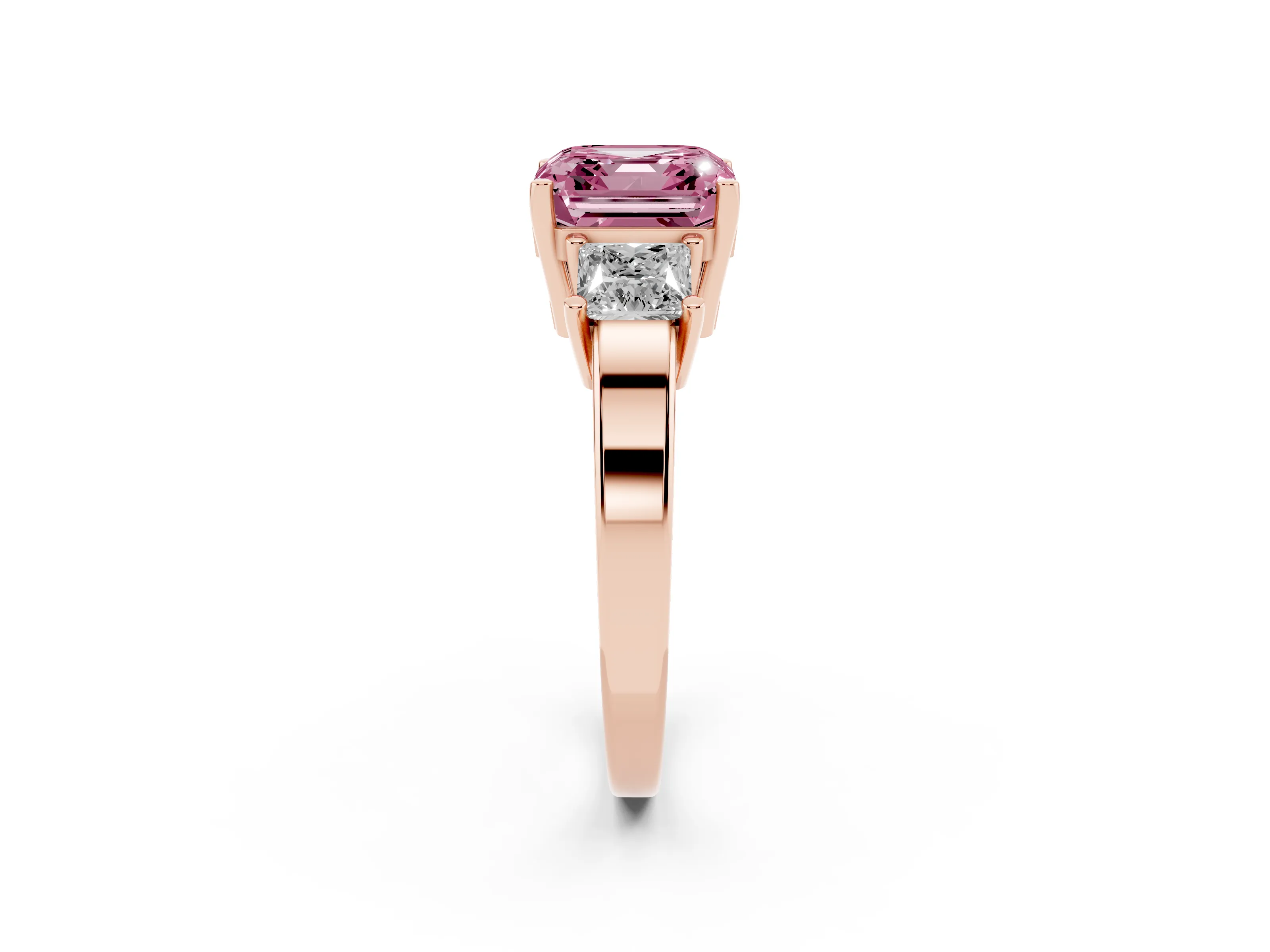 Fancy Pink Three-Stone Asscher Cut Diamond Solitaire Ring Set in Rose gold with Prong Setting