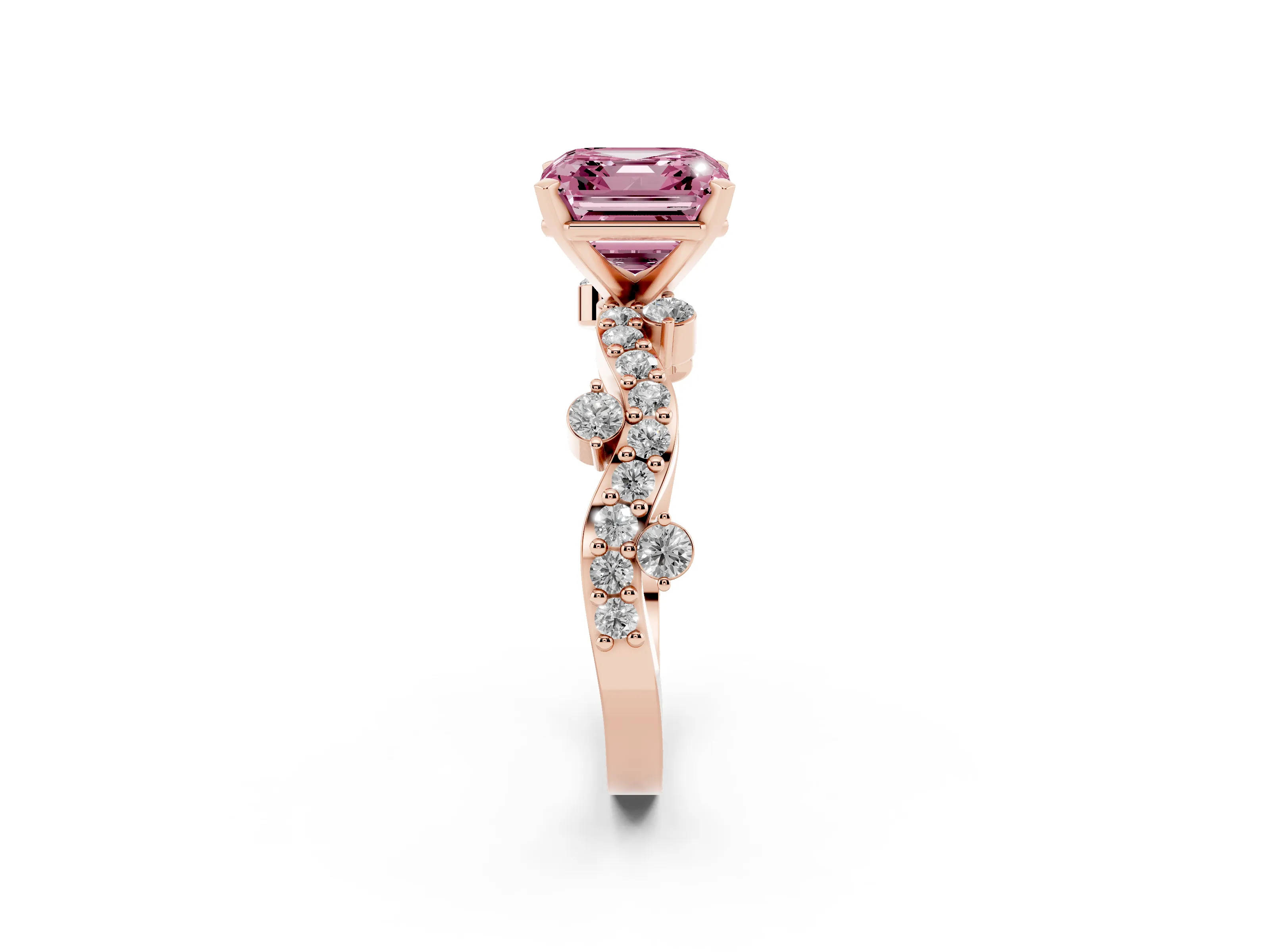 Fancy Pink Asscher Cut Diamond Solitaire Twisted Band Set in Rose gold with Pavé Setting