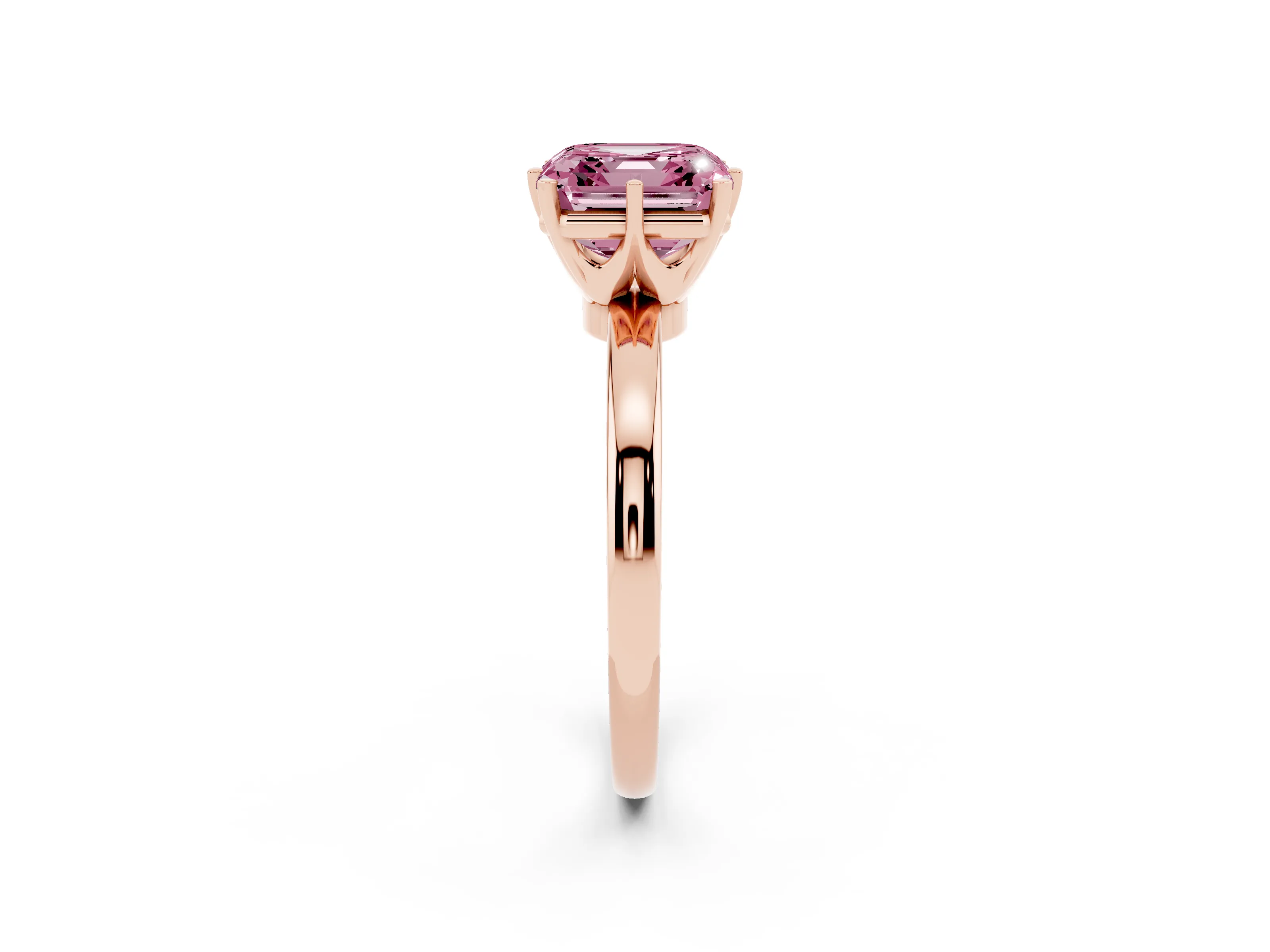 Fancy Pink Asscher Cut Diamond Solitaire Ring Set in Rose gold with Raised Prong Setting on a Classic Band