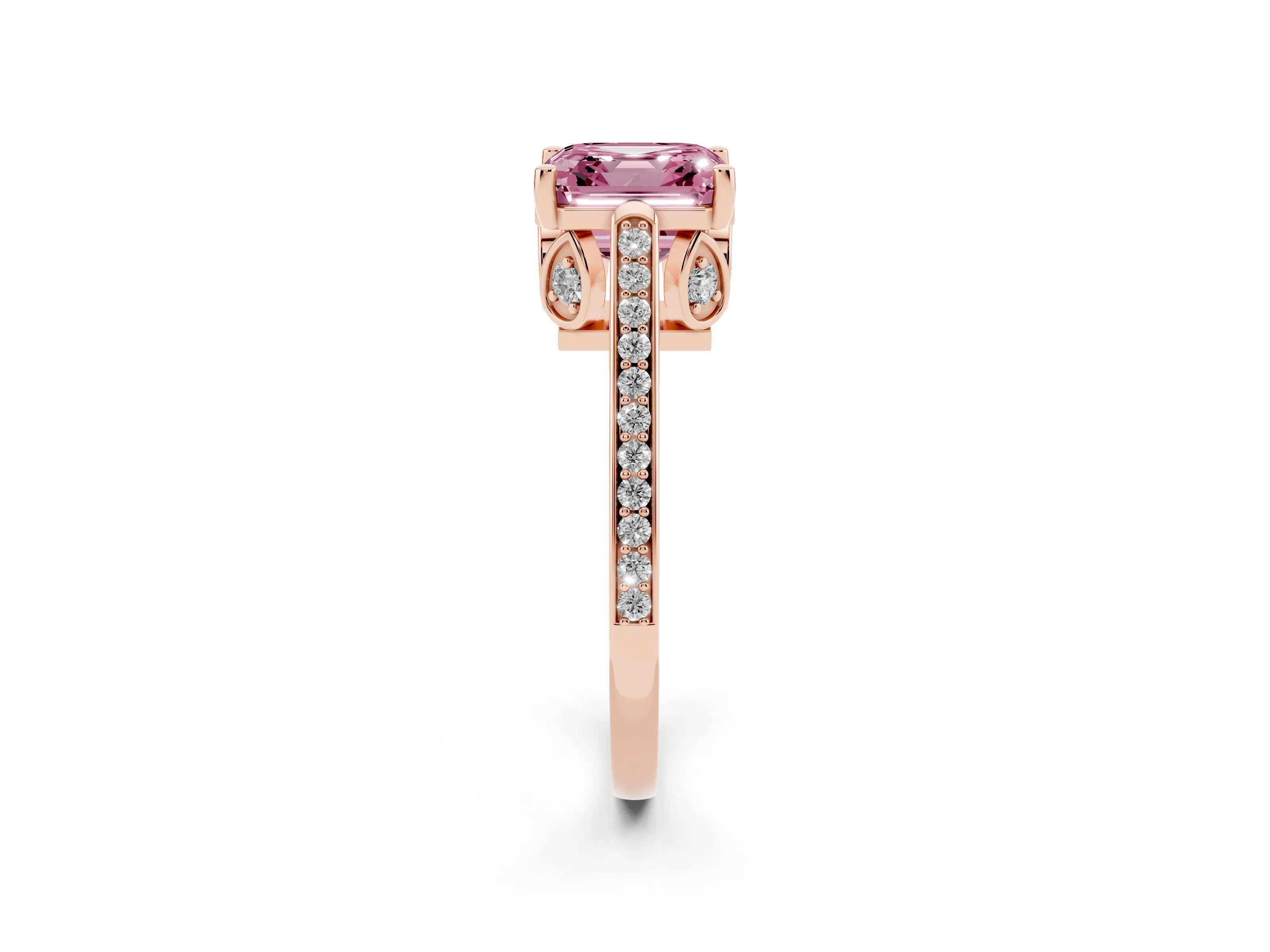 Fancy Pink Asscher Cut Diamond Cathedral Pavé Engagement Ring Set in Rose gold with Prong Setting