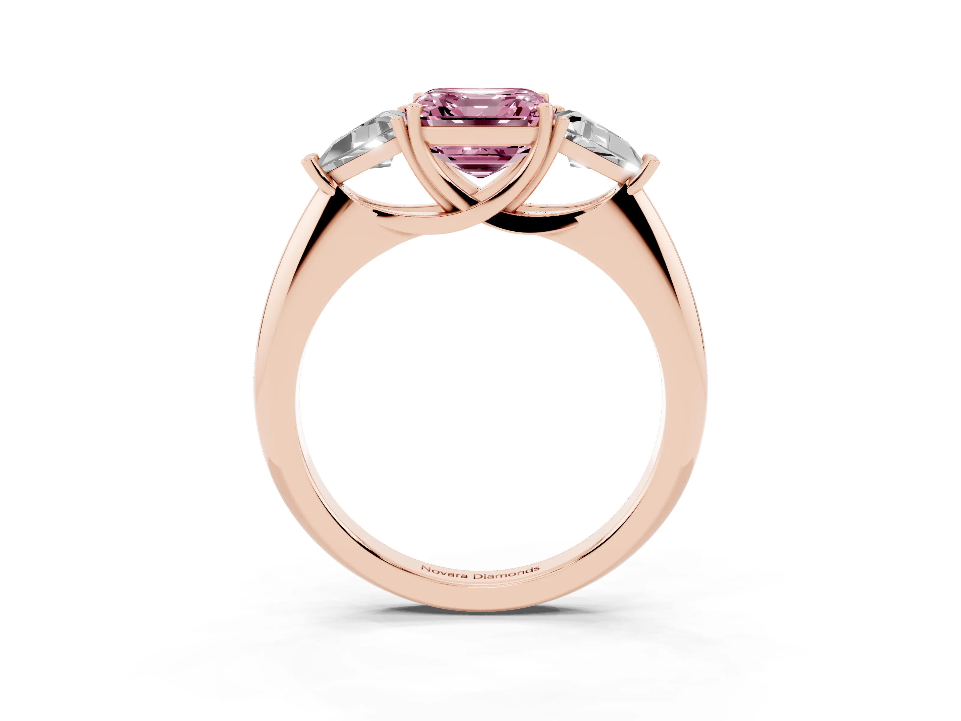 Fancy Pink Asscher Cut Diamond Three-Stone Engagement Ring Set in Rose gold with Trillion Side Stones