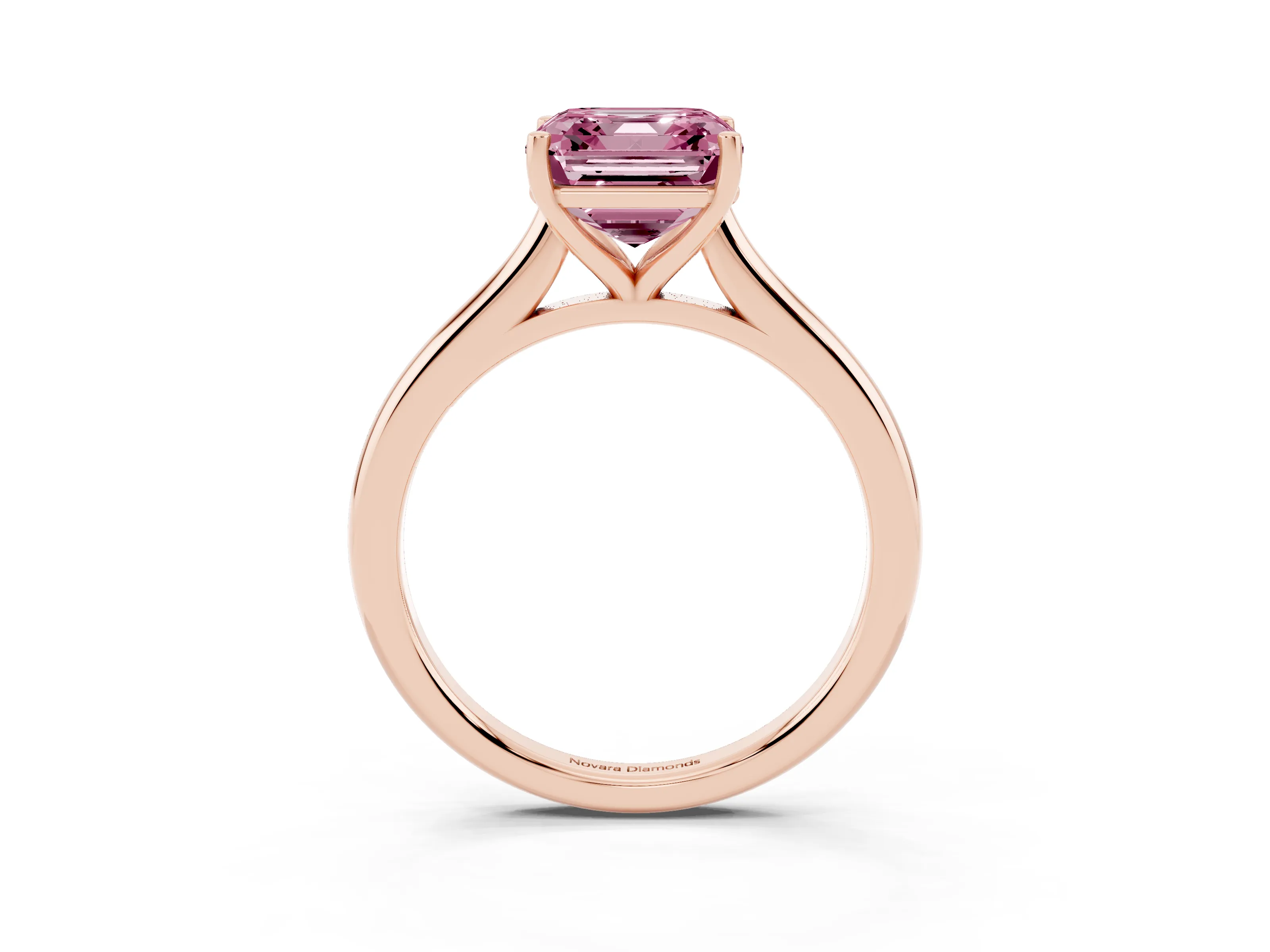 Fancy Pink Asscher Cut Diamond Solitaire Ring Set in Rose gold with Cathedral Band and Prong Setting