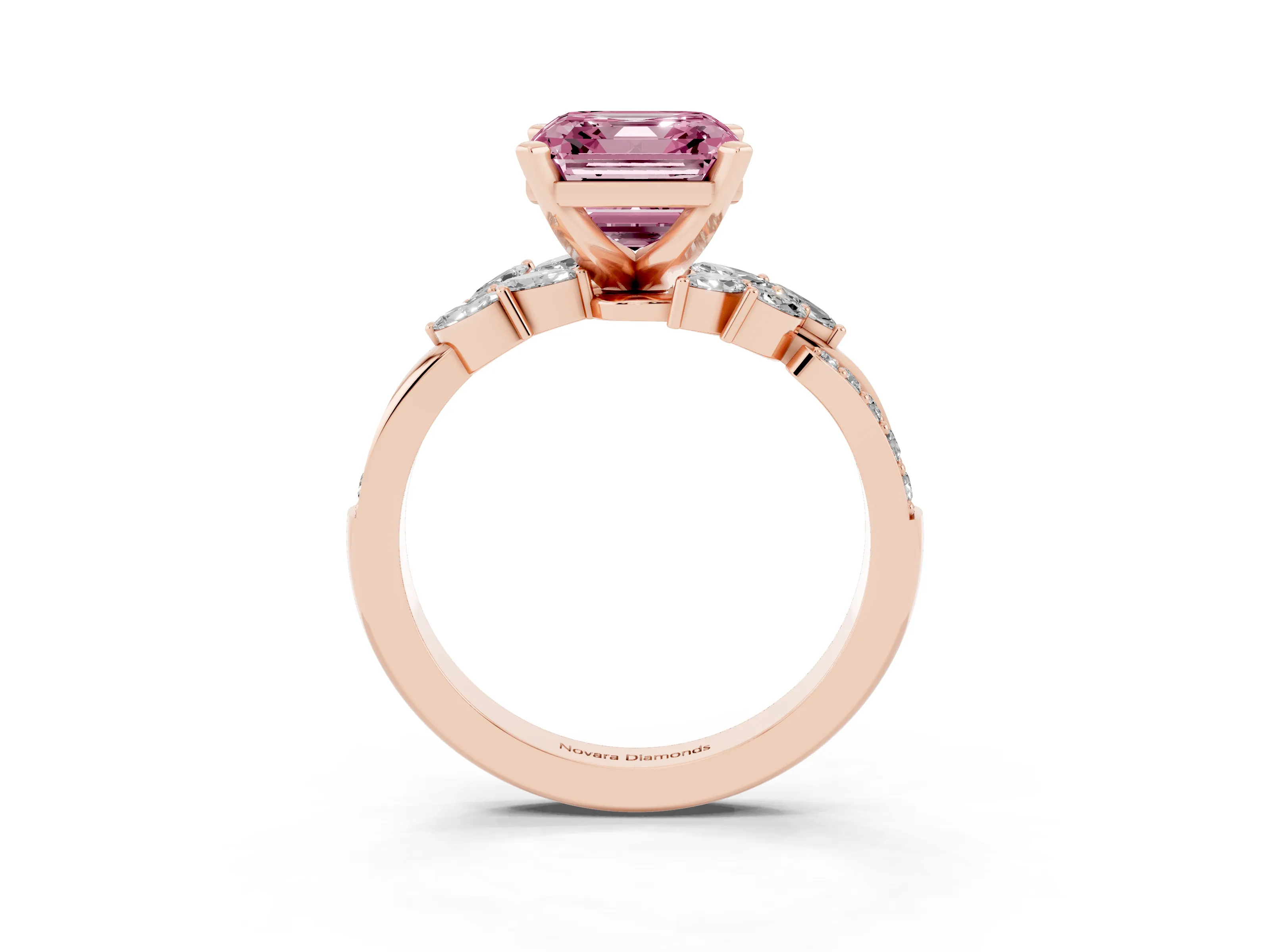 Fancy Pink Asscher Cut Diamond Solitaire Ring Set in Rose gold with Marquise Twist Band and Prong Setting