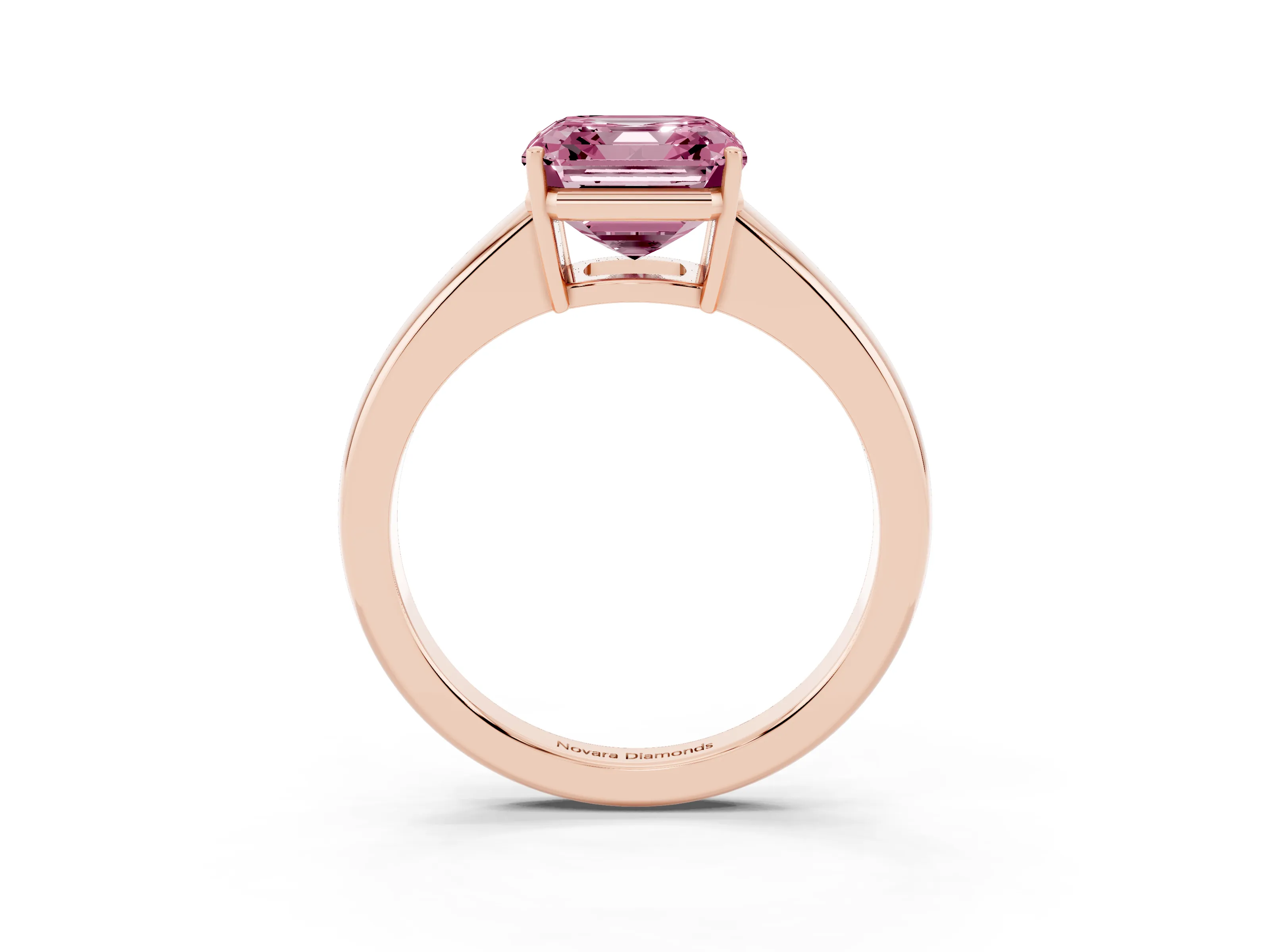 Fancy Pink Asscher Cut Diamond Solitaire Ring Set in Rose gold with Tapered Band and Prong Setting