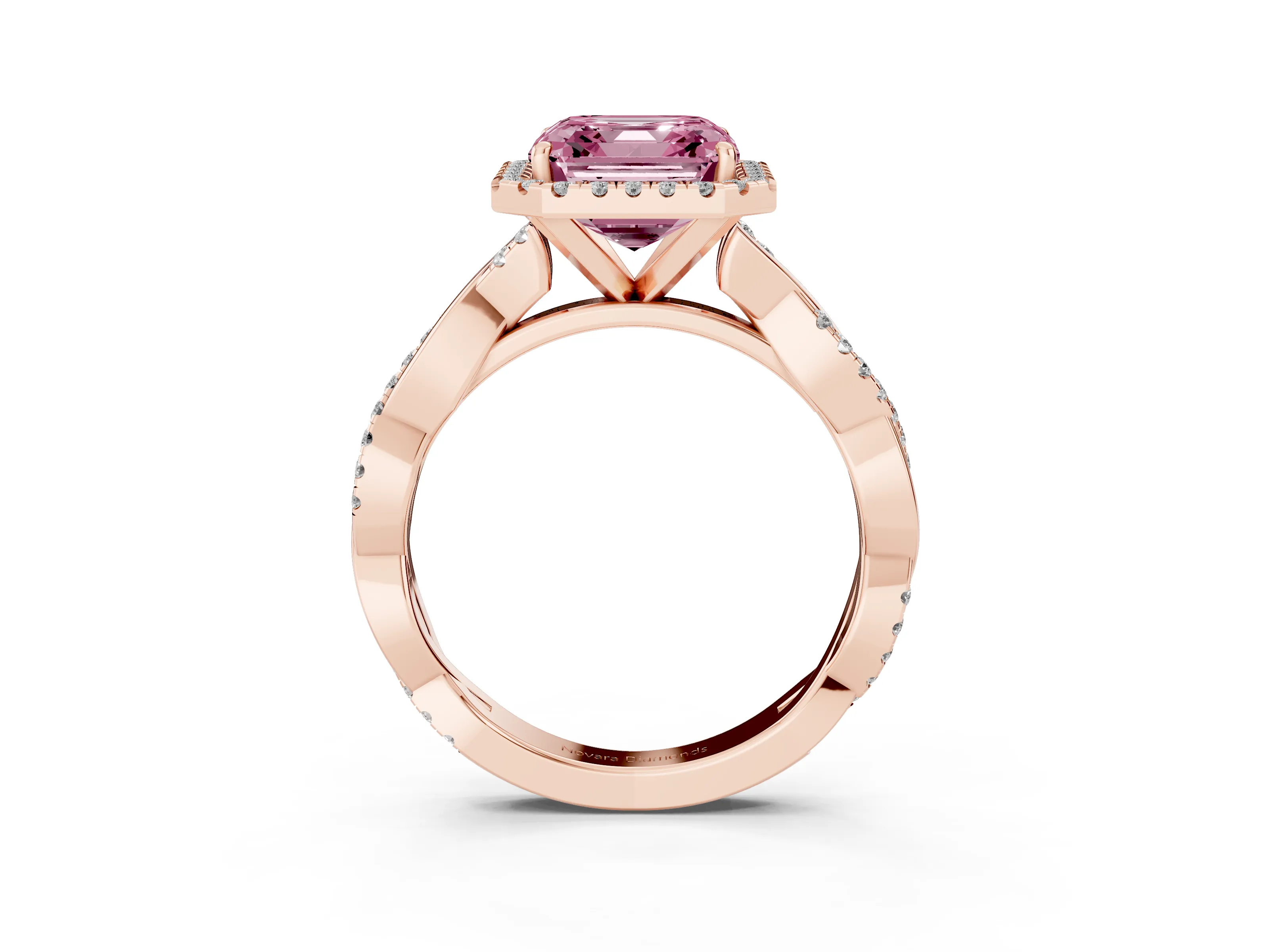 Fancy Pink Asscher Cut Diamond Halo Twisted Band Ring Set in Rose gold with Prong Setting