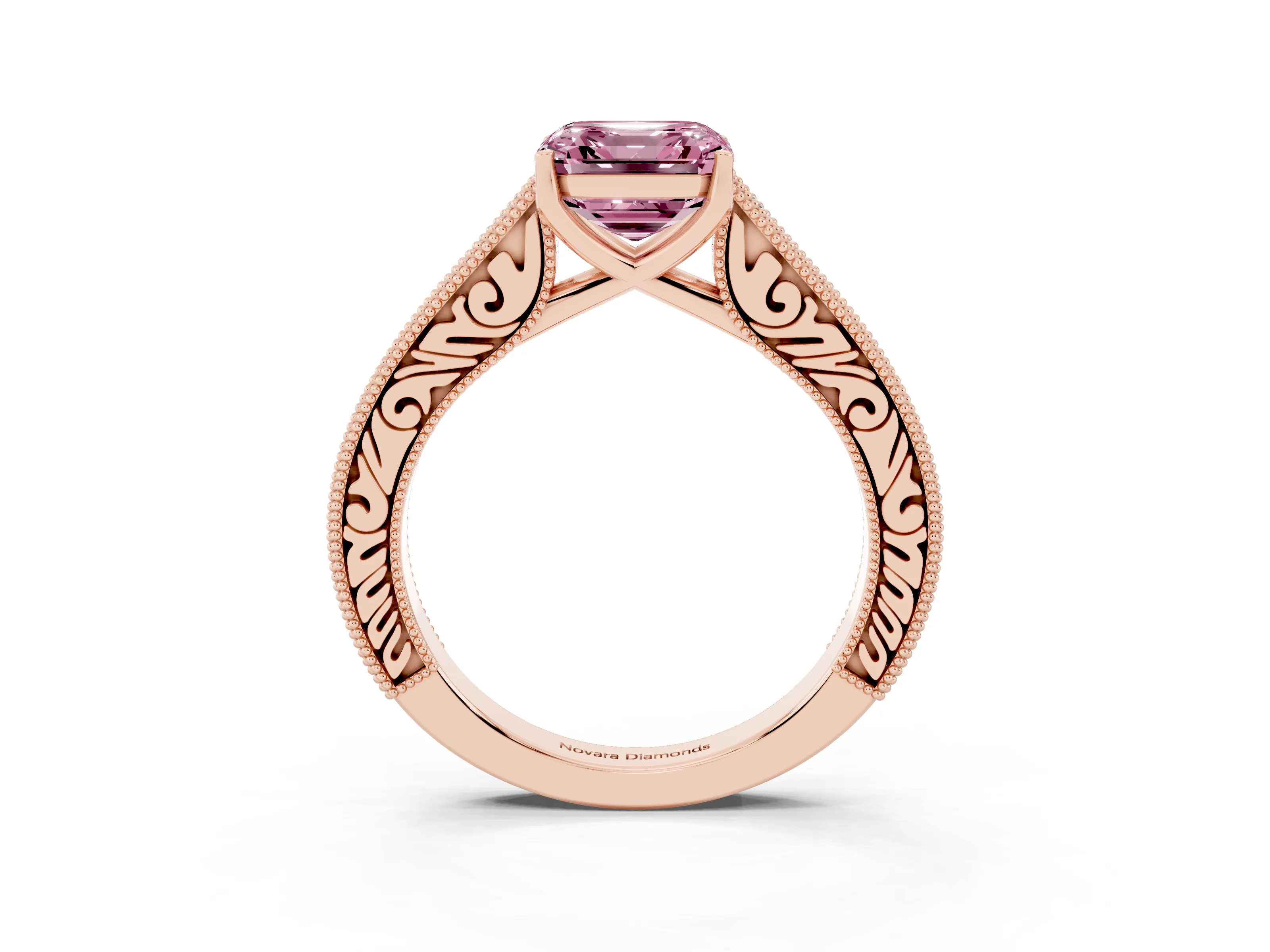 Fancy Pink Asscher Cut Diamond Milgrain Pavé Band Solitaire Ring Set in Rose gold with Prong Setting