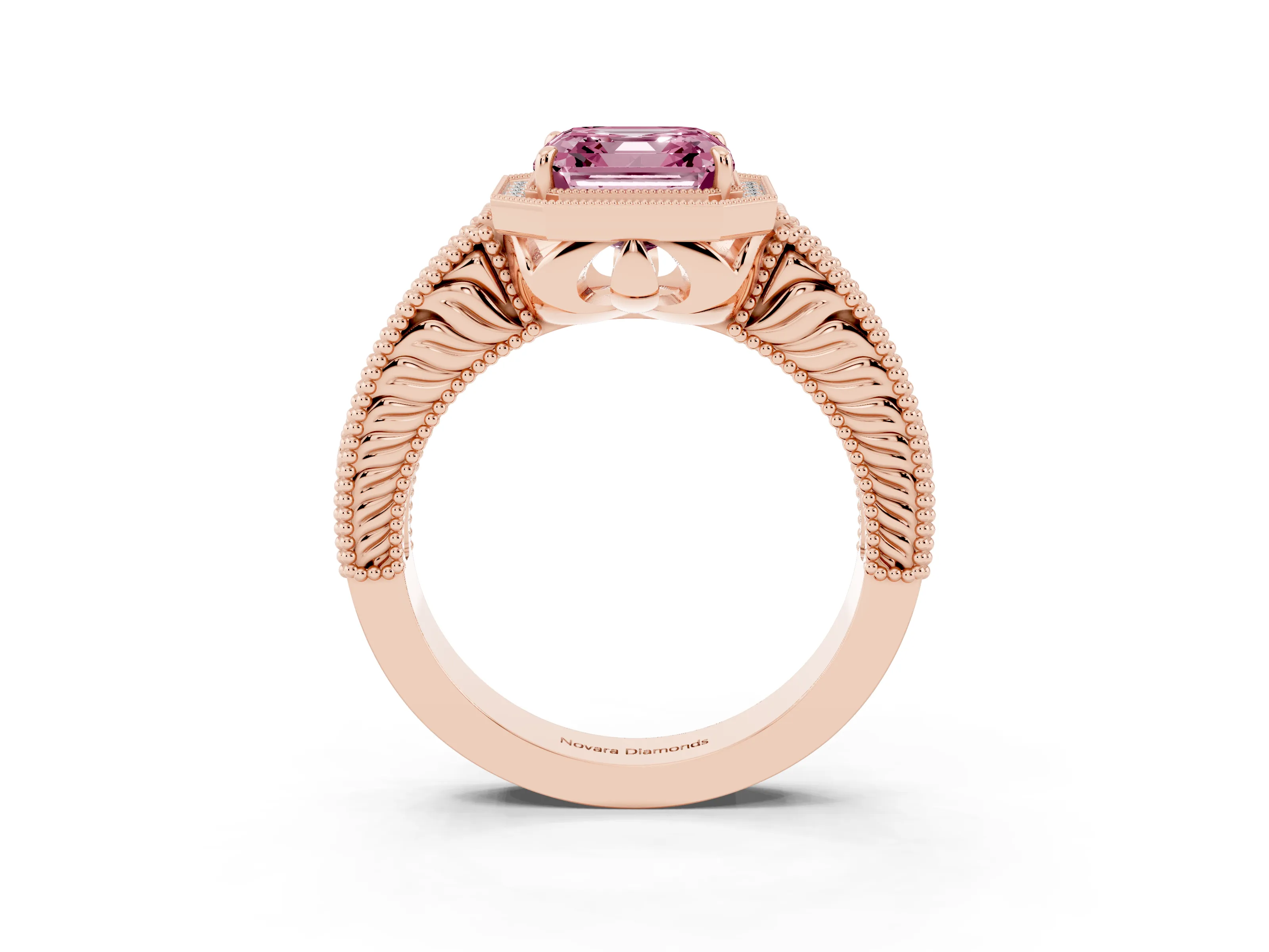 Fancy Pink Asscher Cut Diamond Halo Ring Set in Rose gold with Round Accent Halo, Pavé Band and Prong Setting