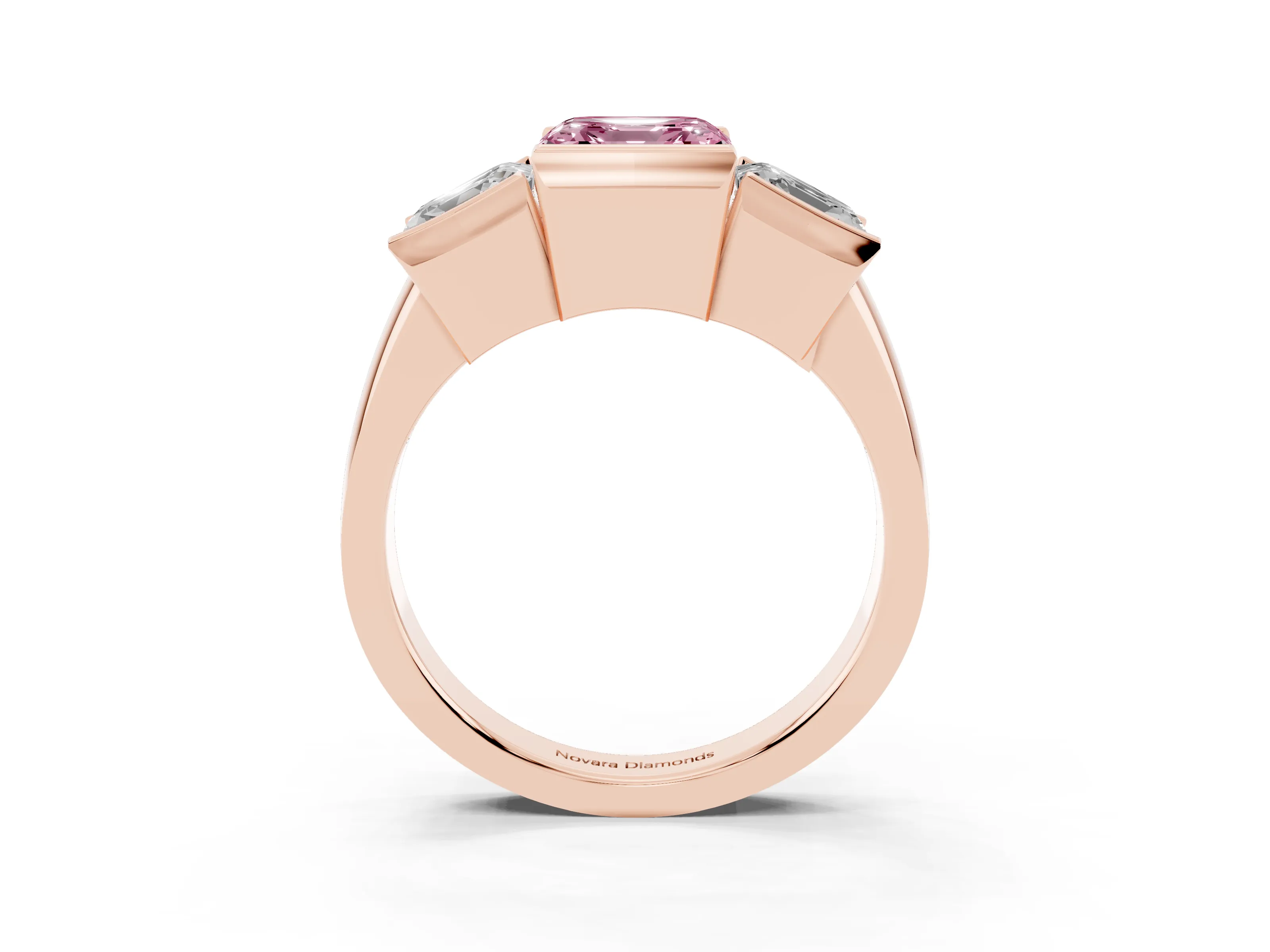 Fancy Pink Asscher Cut Diamond Three-Stone Channel Set Ring Set in Rose gold with Smooth Polished Band