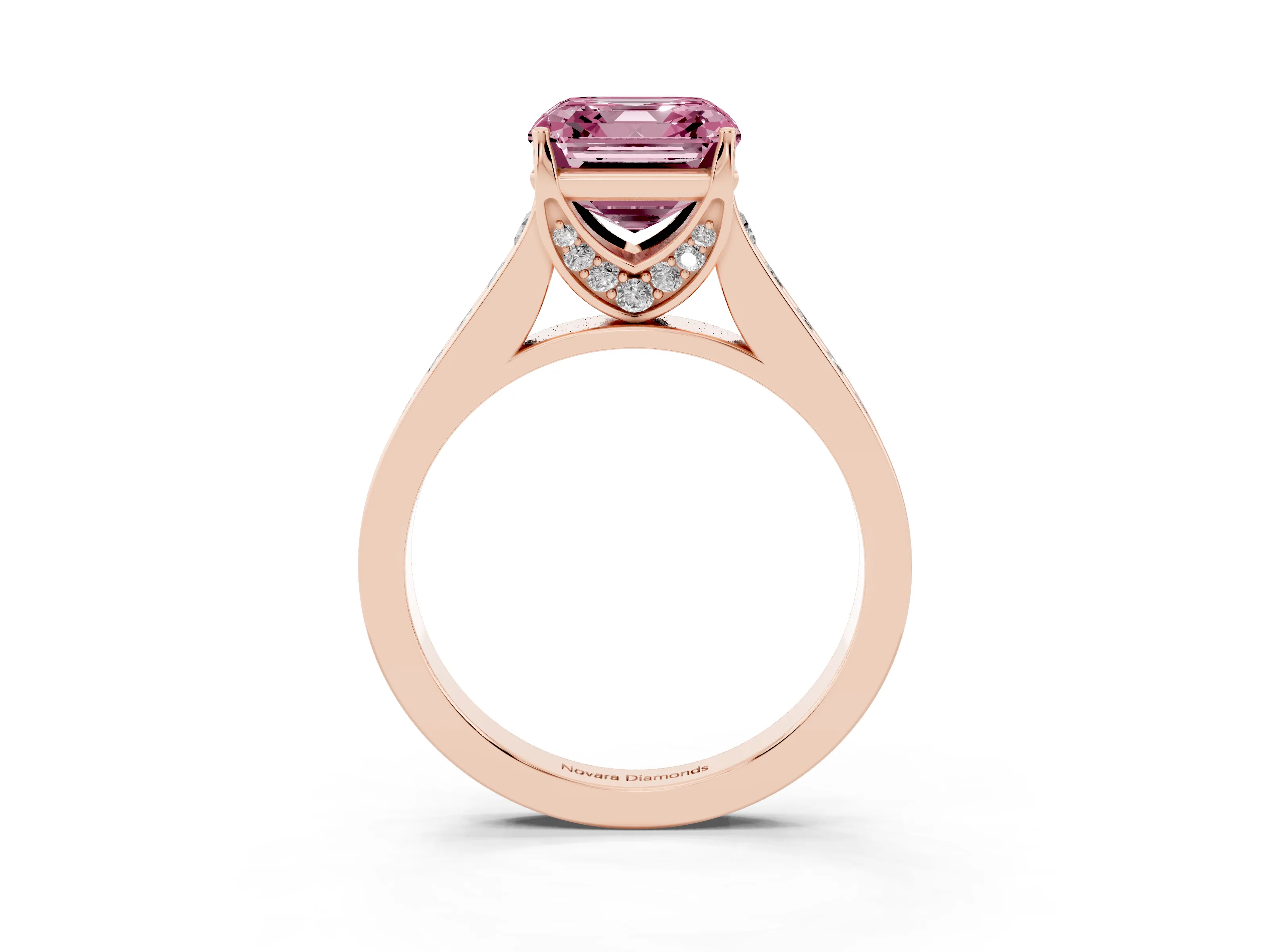 Fancy Pink Asscher Cut Diamond Solitaire Pavé Engagement Ring Set in Rose gold with Prong Setting