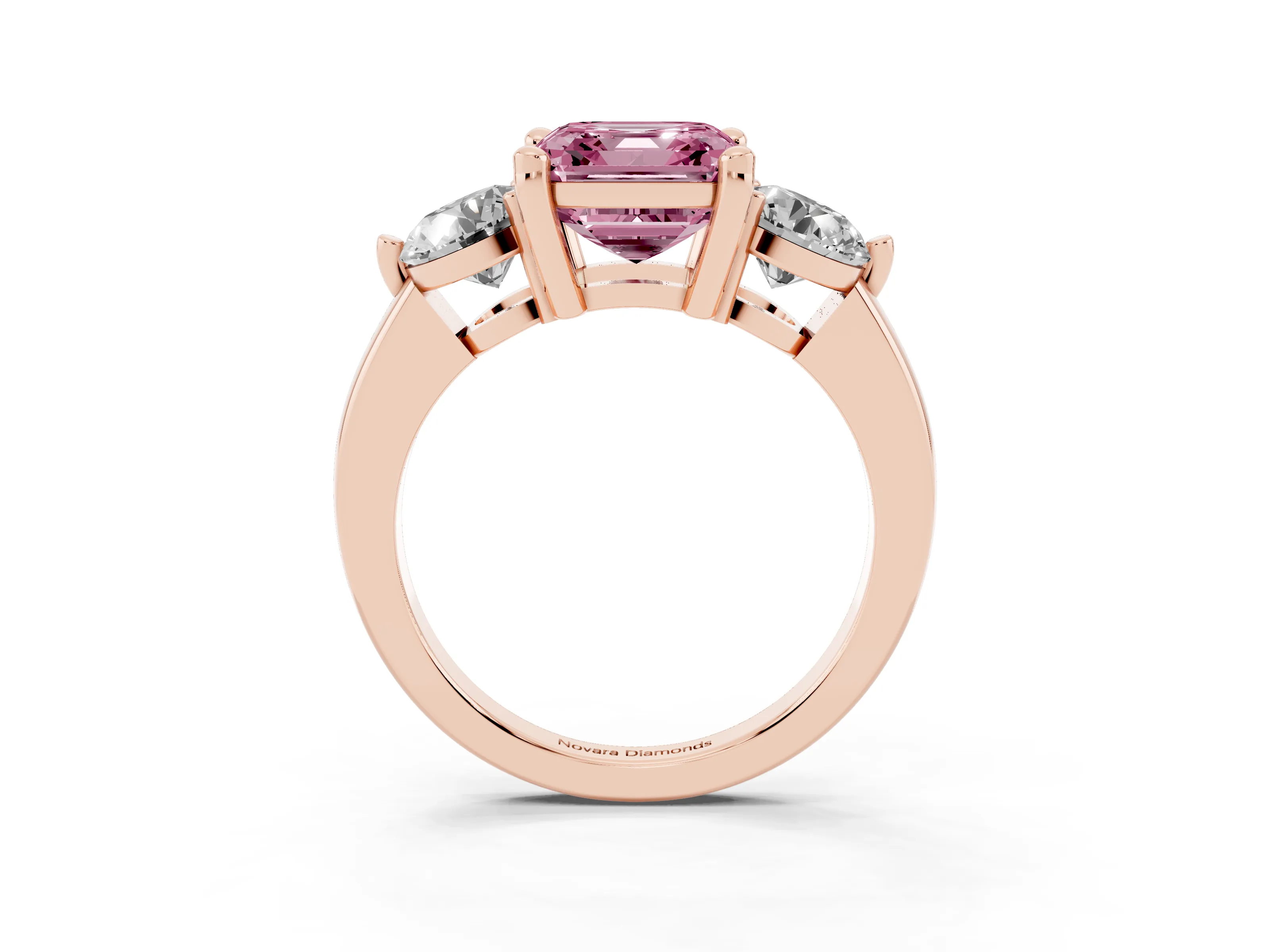 Fancy Pink Asscher Cut Diamond Three-Stone Ring Set in Rose gold with Prong Setting and Classic Band