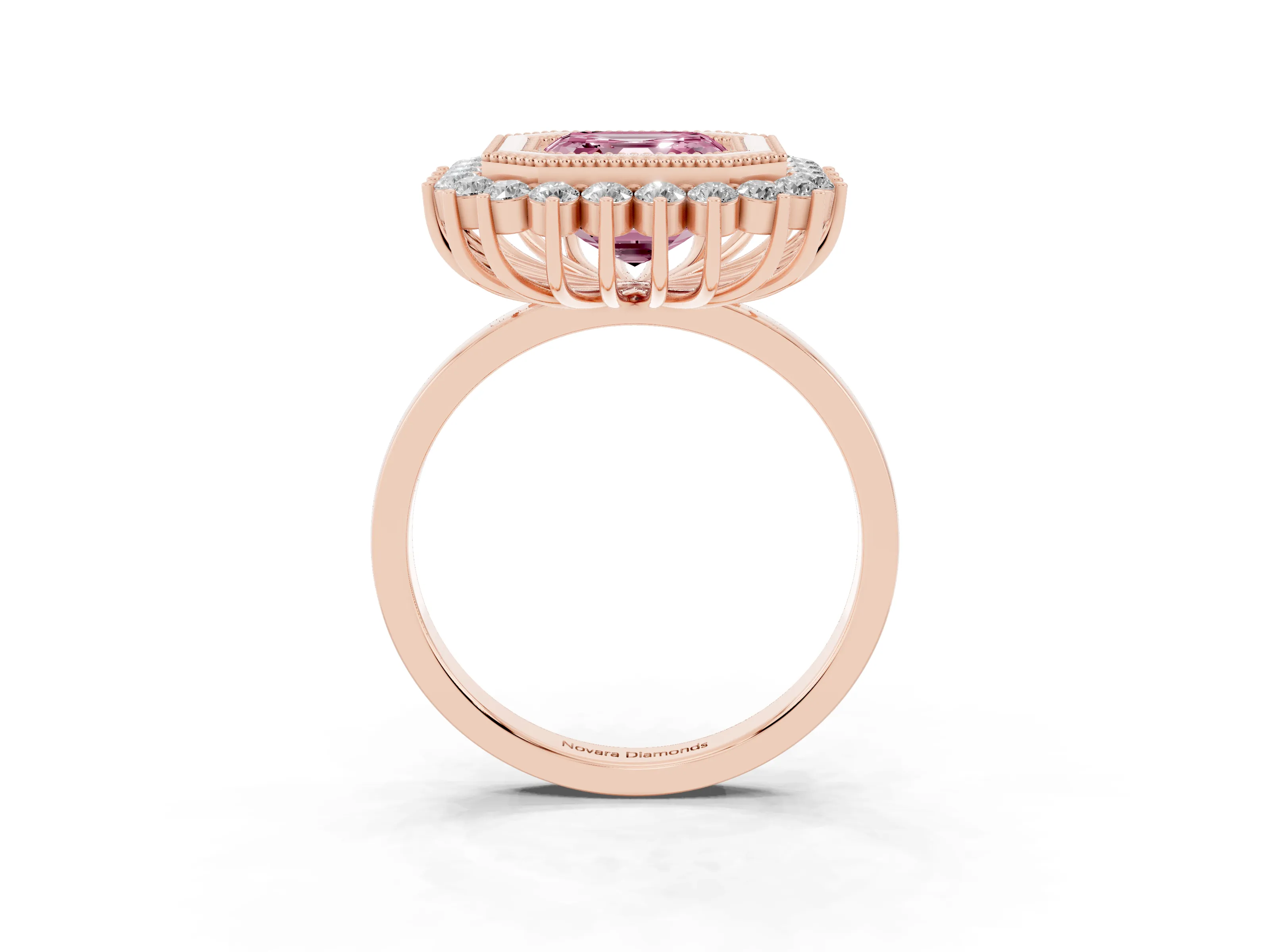 Fancy Pink Asscher Cut Diamond Halo Ring Set in Rose gold with Milgrain Edge and Round Prong Setting