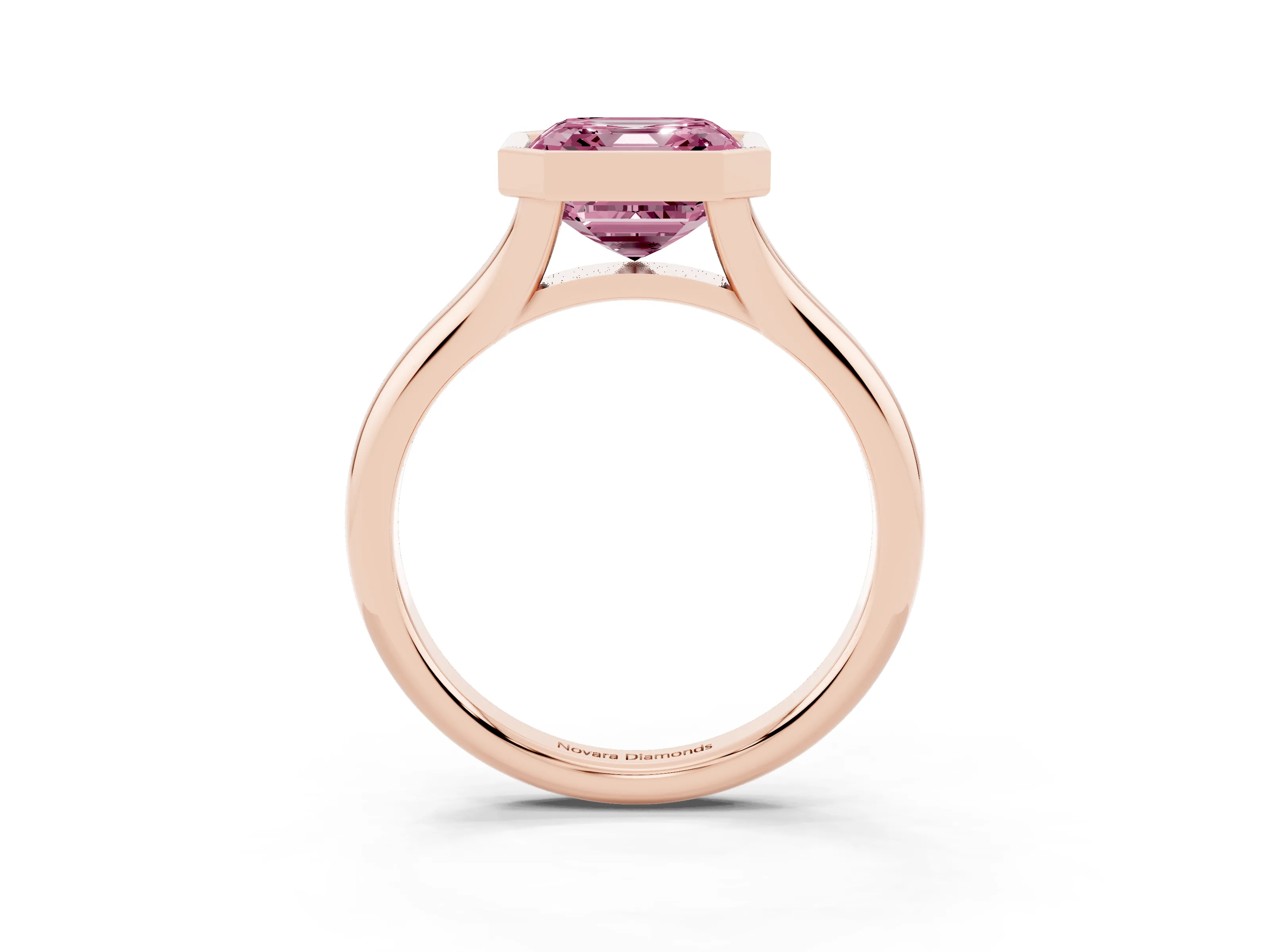 Fancy Pink Bezel Set Asscher Cut Diamond Solitaire Ring Set in Rose gold with Smooth Band