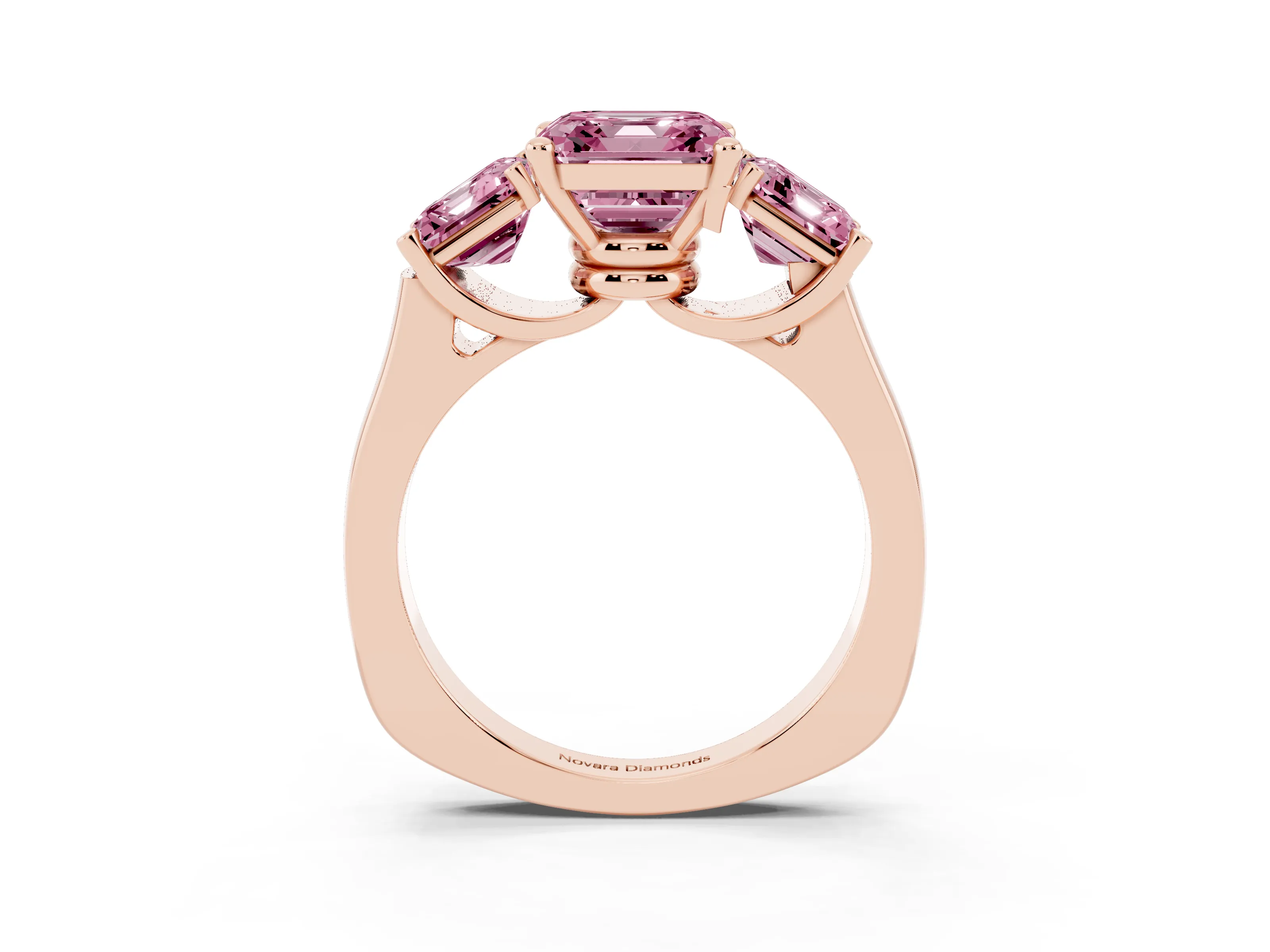 Fancy Pink Asscher Cut Diamond Three-Stone Trellis Ring Set in Rose gold with Comfort Fit Band