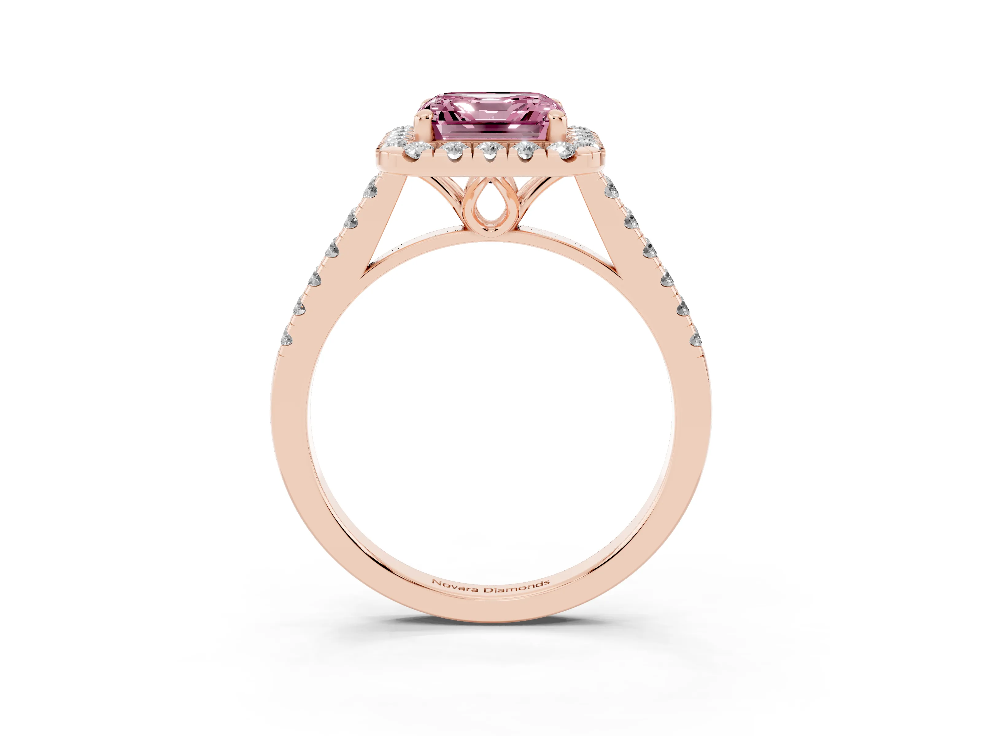 Fancy Pink Asscher Cut Diamond Pavé Halo Engagement Ring Set in Rose gold with Pavé Band and Prong Setting