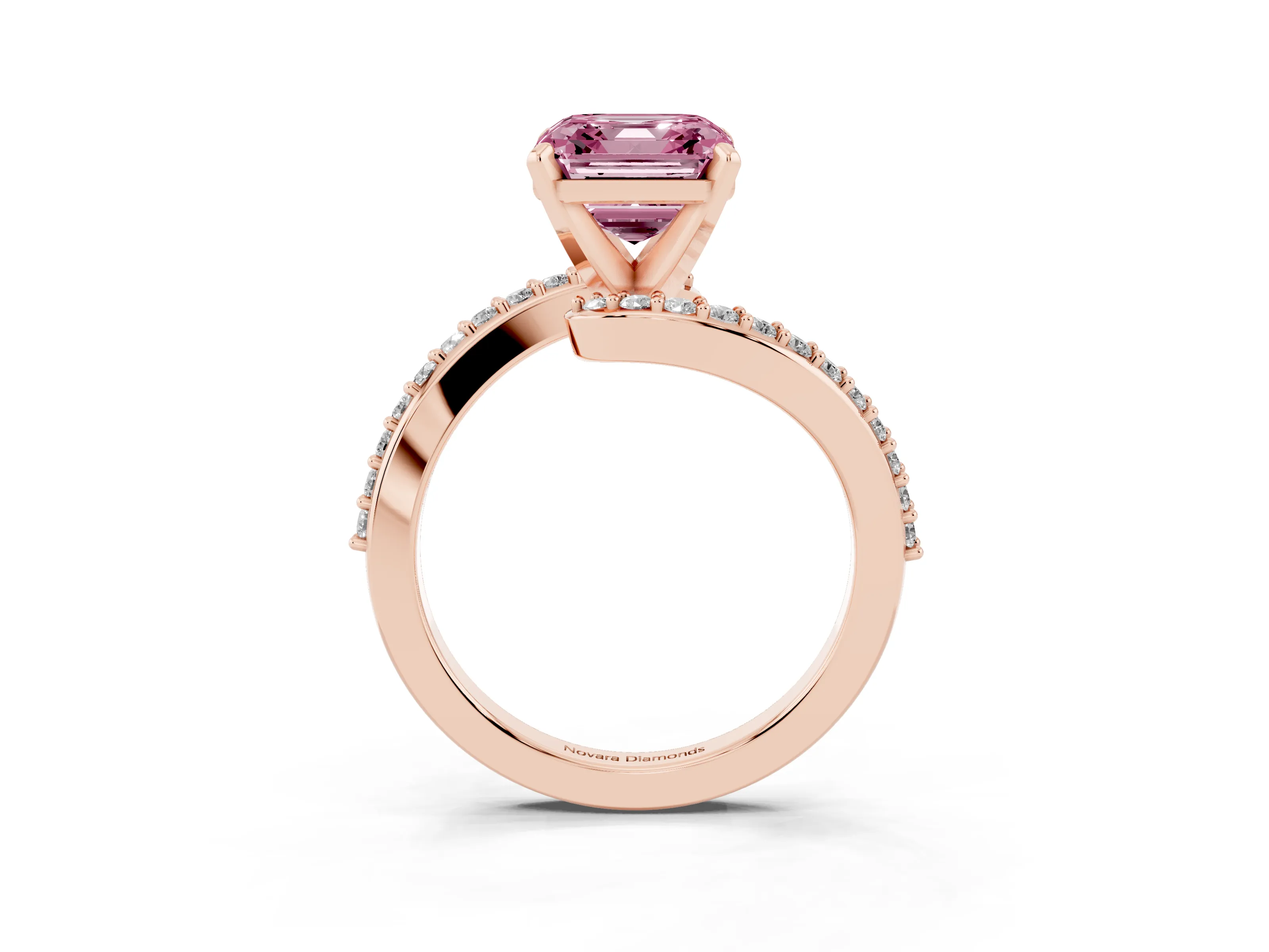 Fancy Pink Asscher Cut Diamond Solitaire Ring Set in Rose gold with Pavé Twist Band and Prong Setting