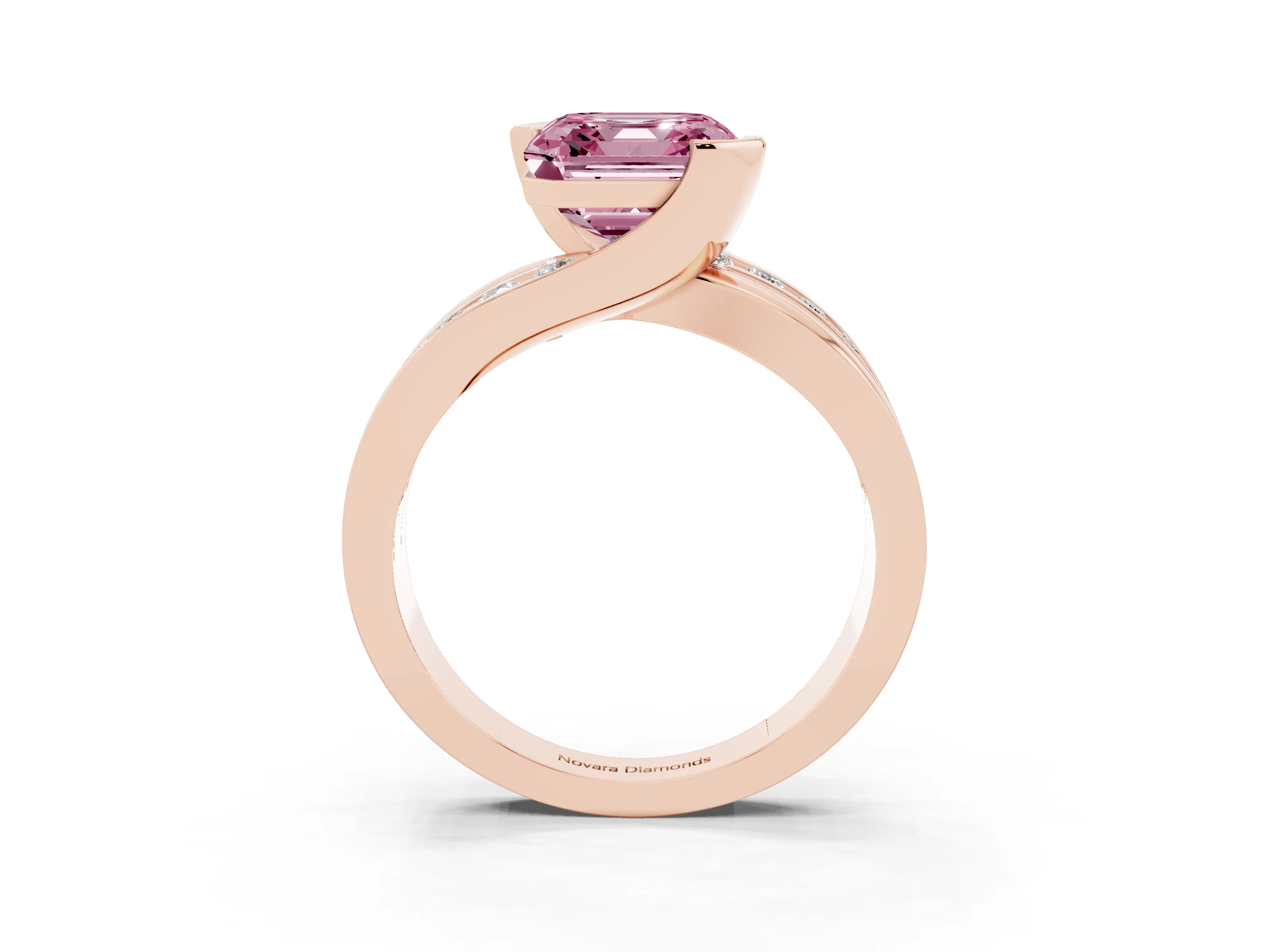 Fancy Pink Asscher Cut Diamond Solitaire Ring Set in Rose gold with Channel Set Split Shank and Tension Prongs