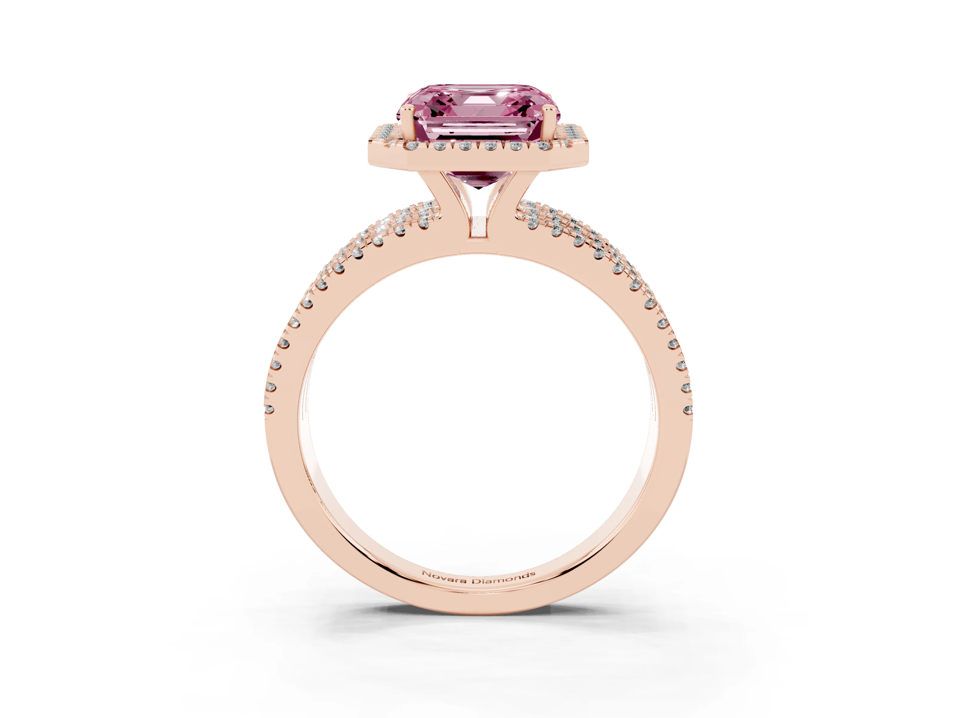 Fancy Pink Asscher Cut Diamond Halo Split Shank Engagement Ring Set in Rose gold with Prong Setting