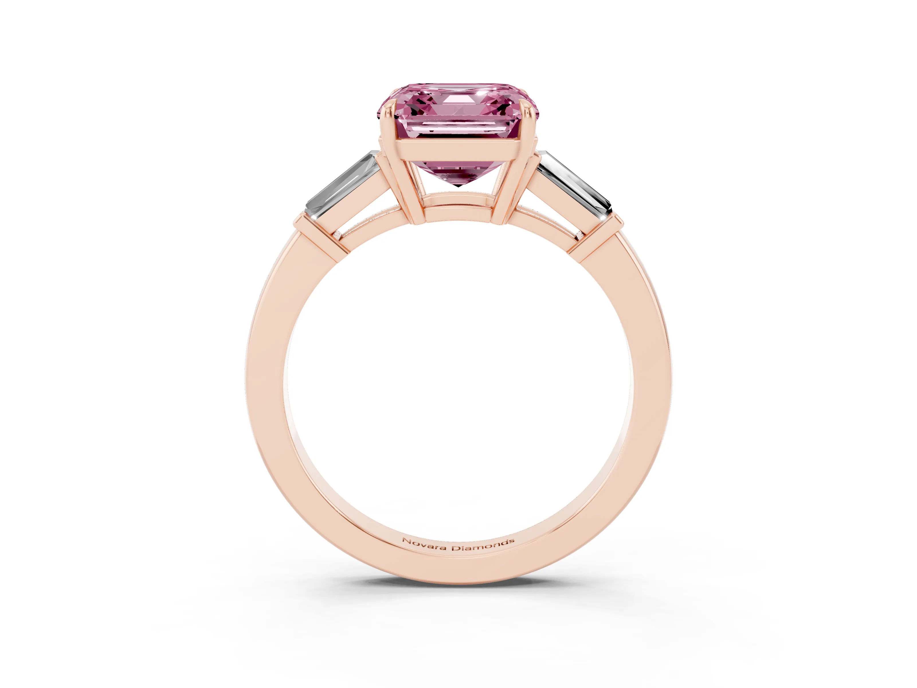 Fancy Pink Asscher Cut Diamond Three-Stone Ring Set in Rose gold with Tapered Baguette Side Stones and Prong Setting