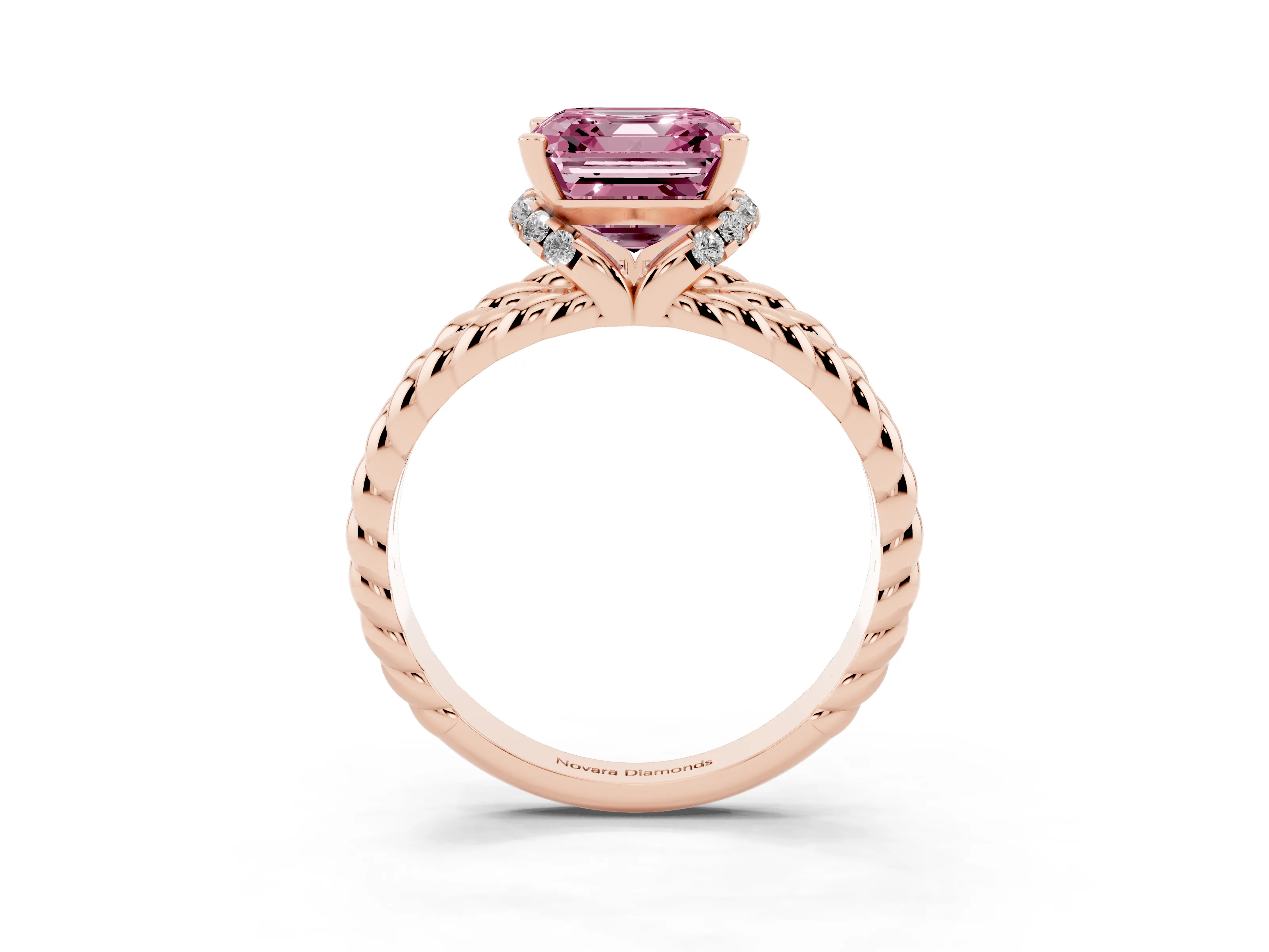Fancy Pink Asscher Cut Diamond Halo Ring Set in Rose gold with Twisted Band and Prong Setting