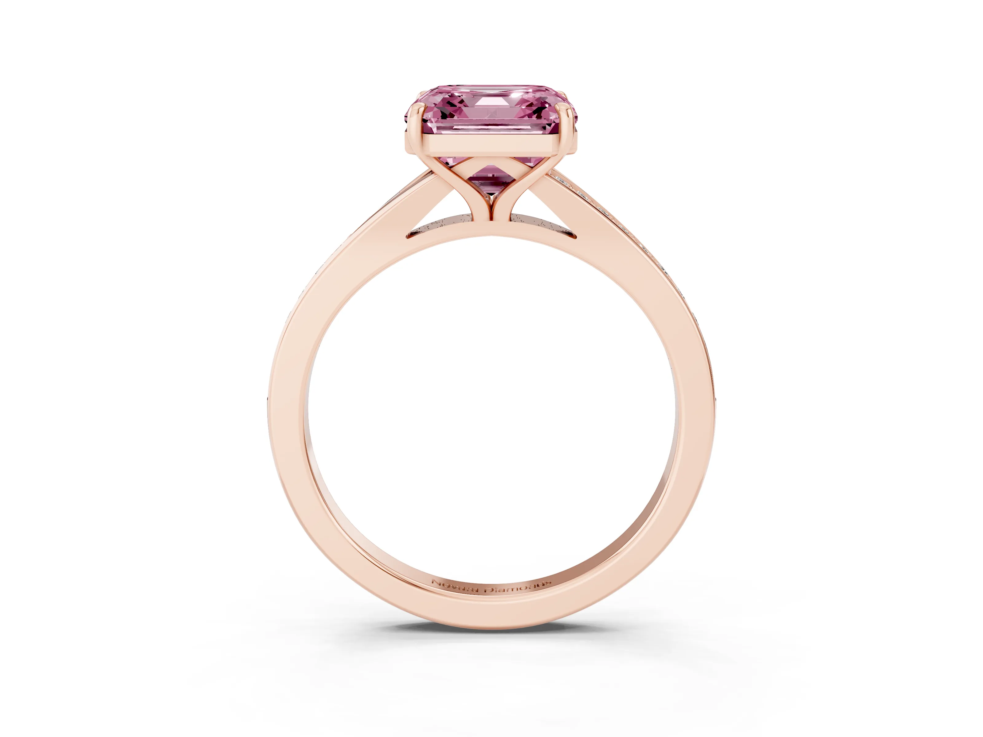 Fancy Pink Asscher Cut Diamond Solitaire Ring Set in Rose gold with Pavé Accent Band and Classic Prong Setting
