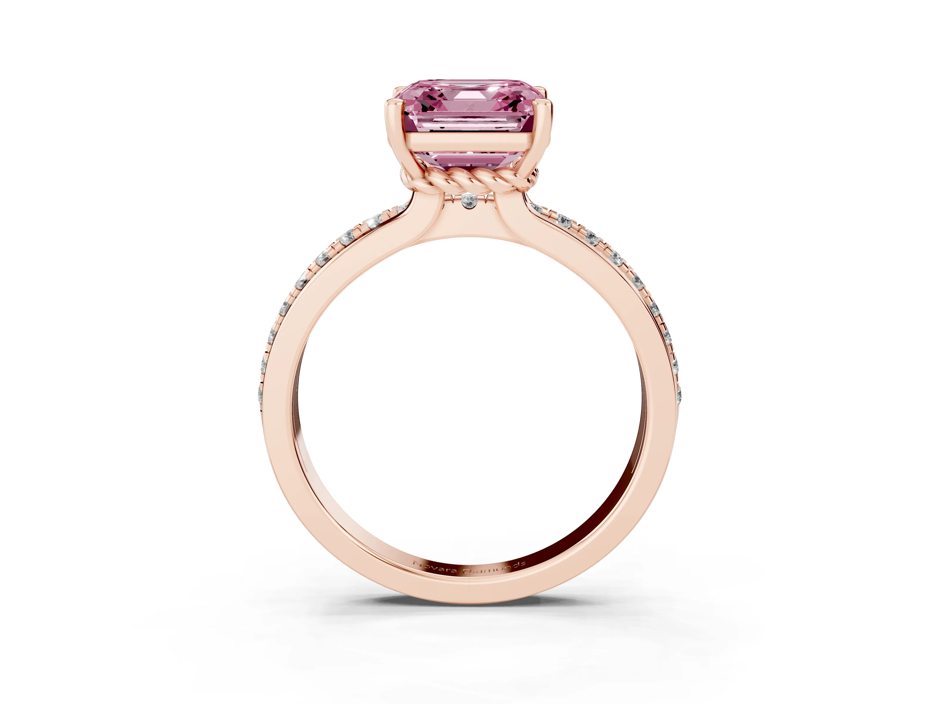 Fancy Pink Asscher Cut Diamond Solitaire Ring Set in Rose gold with Channel Set Band and Prong Setting