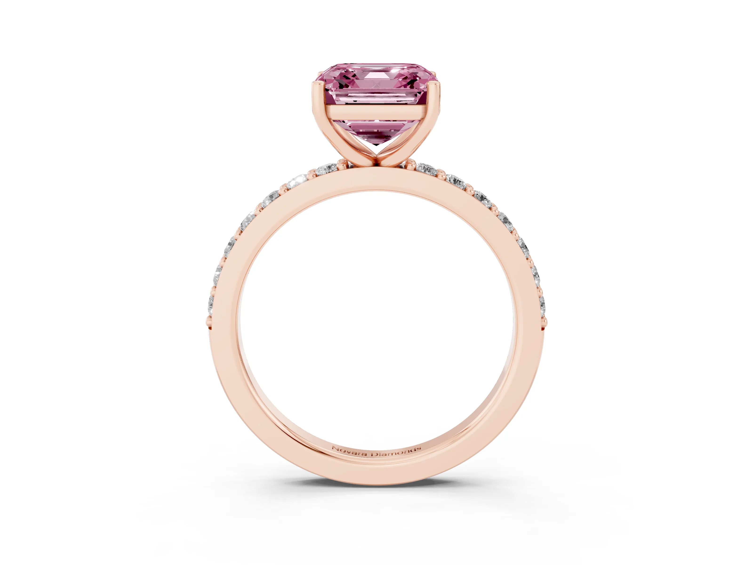 Fancy Pink Asscher Cut Diamond Solitaire Set in Rose gold with Round Pavé Band and Prong Setting