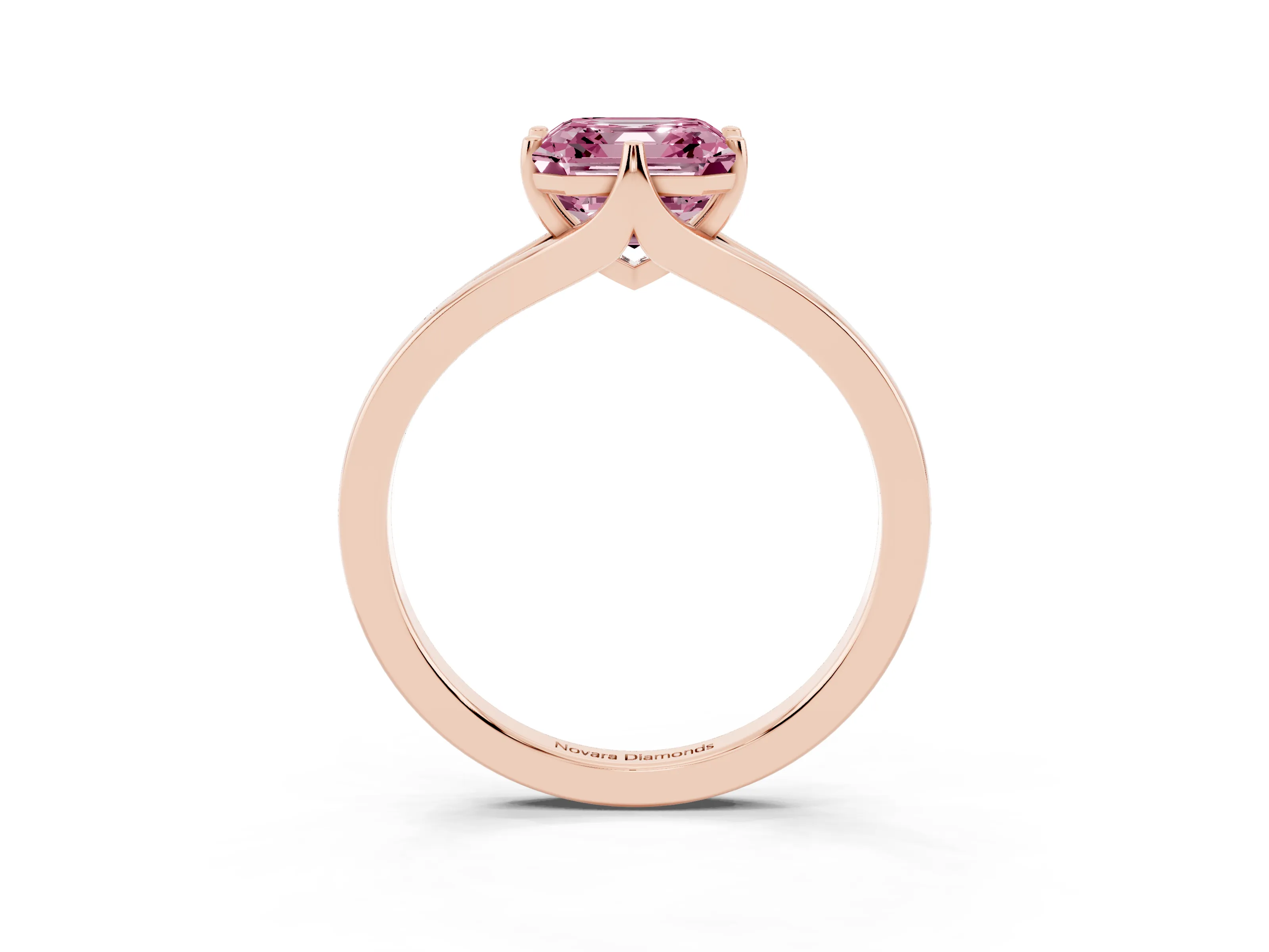 Fancy Pink Asscher Cut Diamond Solitaire Ring Set in Rose gold with Polished Tapered Band and Prong Setting