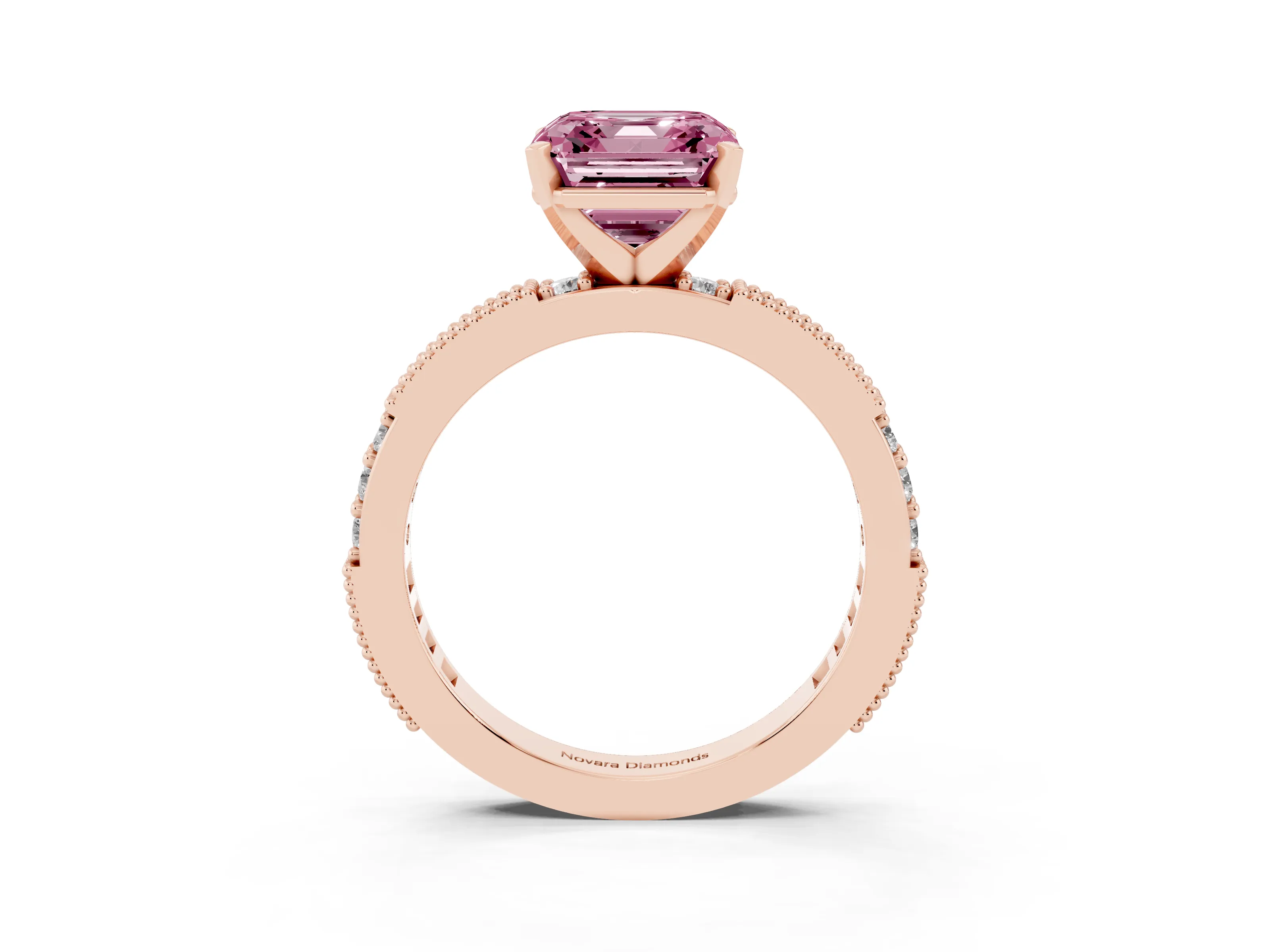 Fancy Pink Asscher Cut Diamond Solitaire Ring Set in Rose gold with Slim Pavé Band and Prong Setting