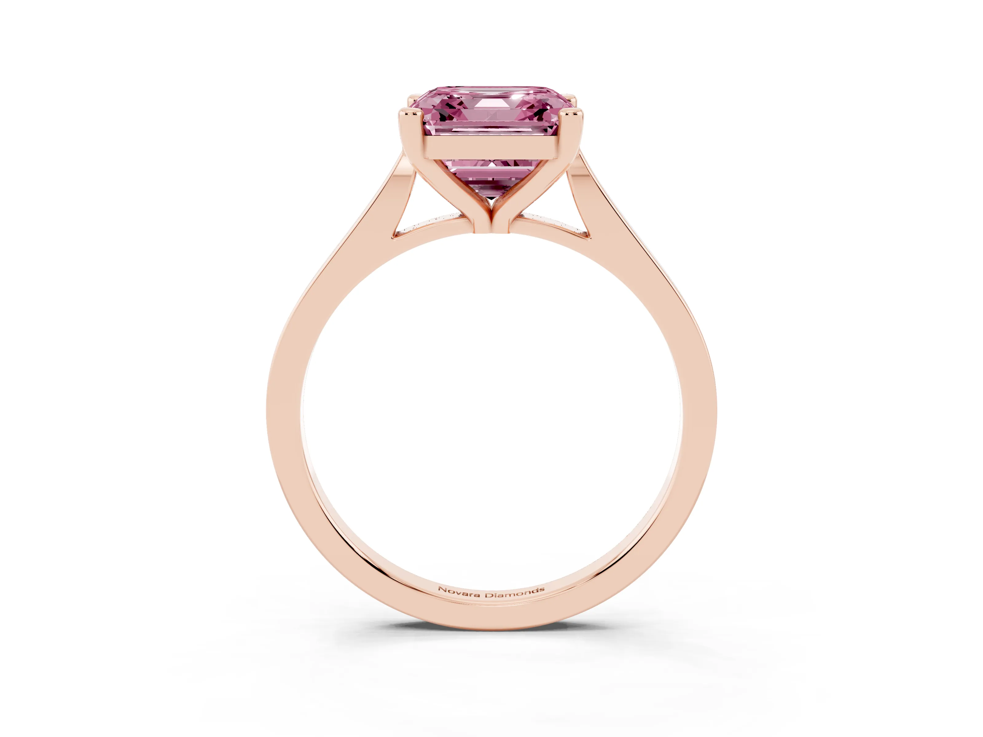 Fancy Pink Asscher Cut Diamond Solitaire Ring Set in Rose gold with Prong Setting and Tapered Band