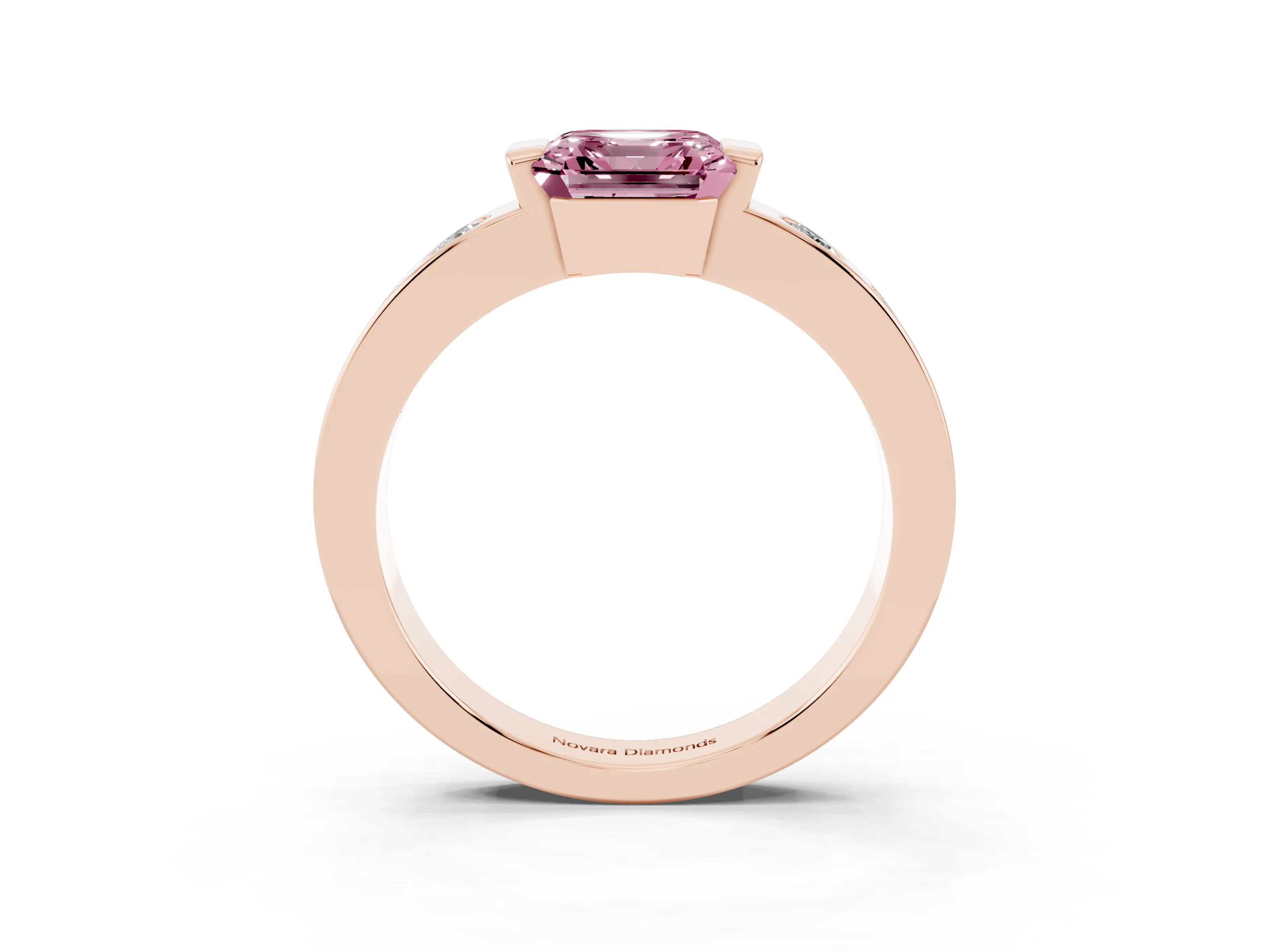Fancy Pink Asscher Cut Diamond Channel-Set Band Ring Set in Rose gold with Bezel Prong Setting