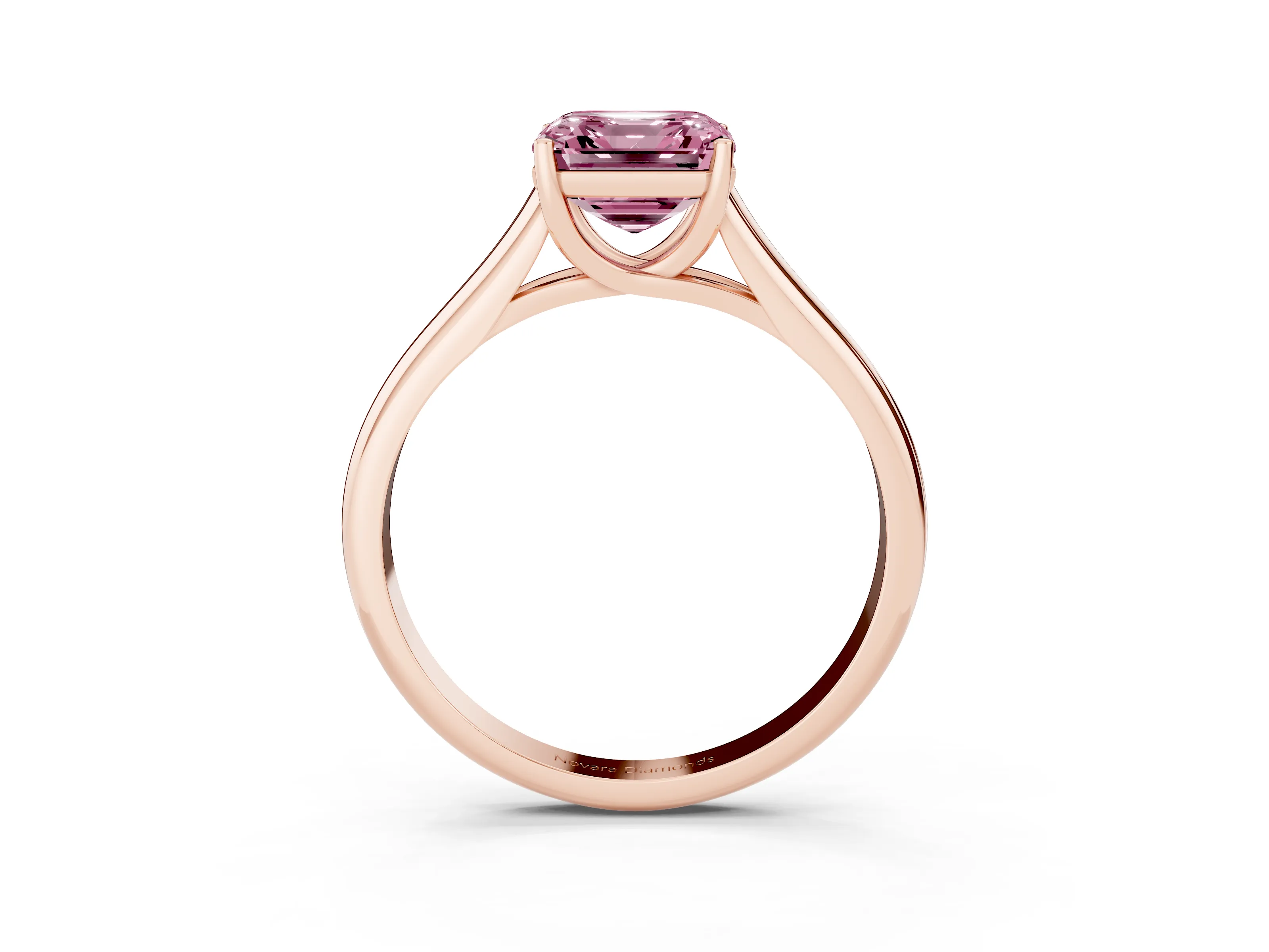 Fancy Pink Asscher Cut Diamond Solitaire Engagement Ring Set in Rose gold with Subtly Tapered Band and Prong Setting