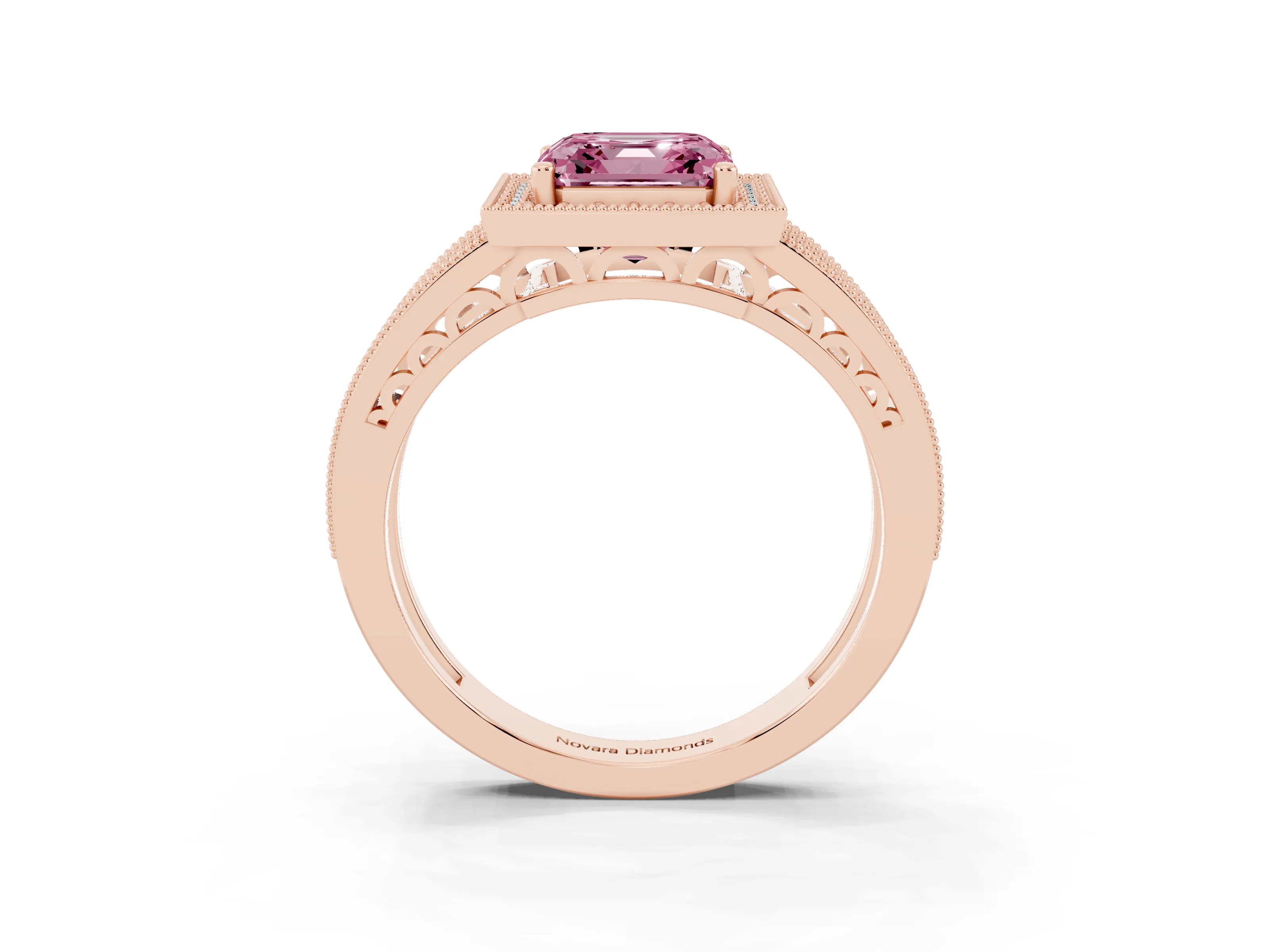Fancy Pink Asscher Cut Diamond Halo Ring Set in Rose gold with Accent Split Shank and Prong Setting